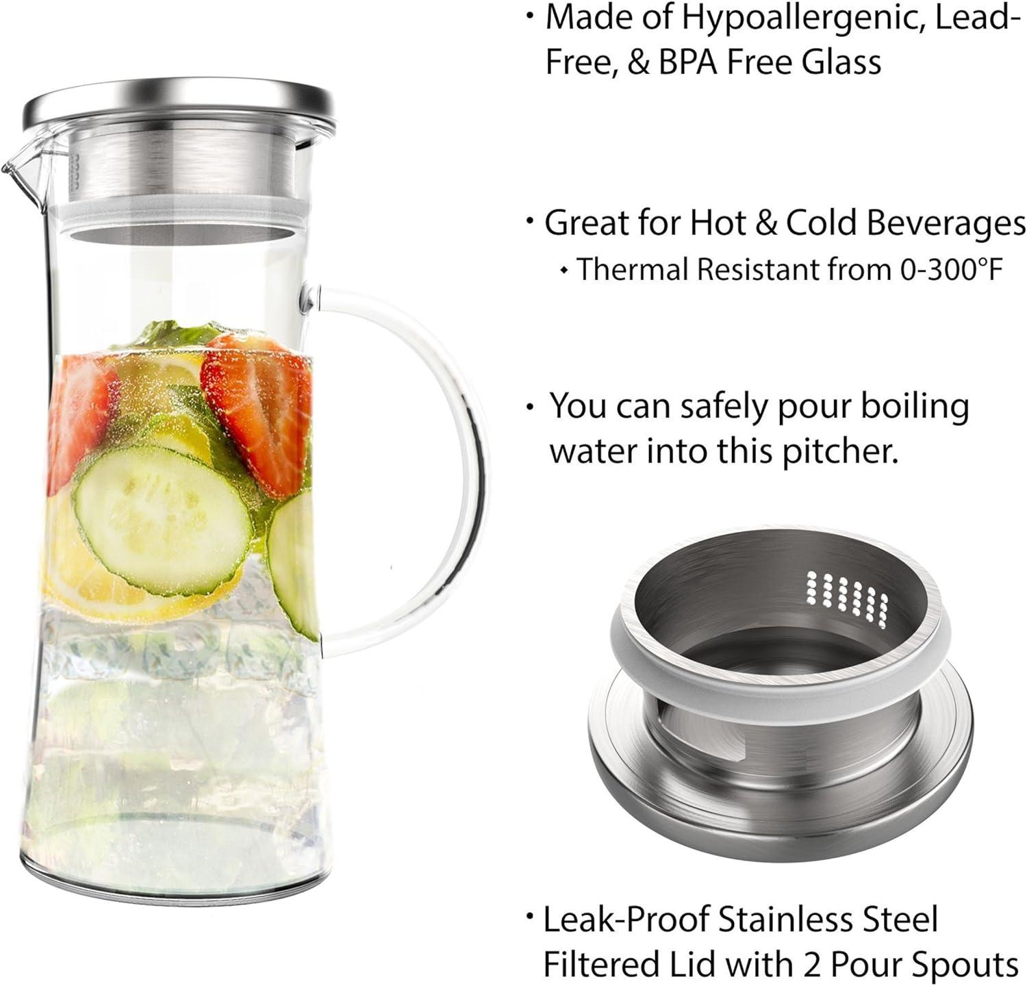 Glass Pitcher-50oz. Carafe with Stainless Steel Filter Lid- Heat Resistant to 300F-For Water, Coffee, Tea, Punch, Lemonade and More by Classic Cuisine