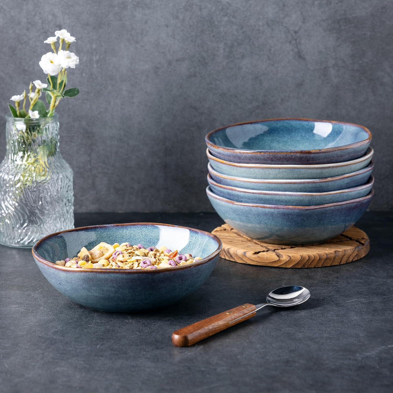 Handmade Gray Blue Ceramic 24oz Cereal Soup Salad Bowls Set