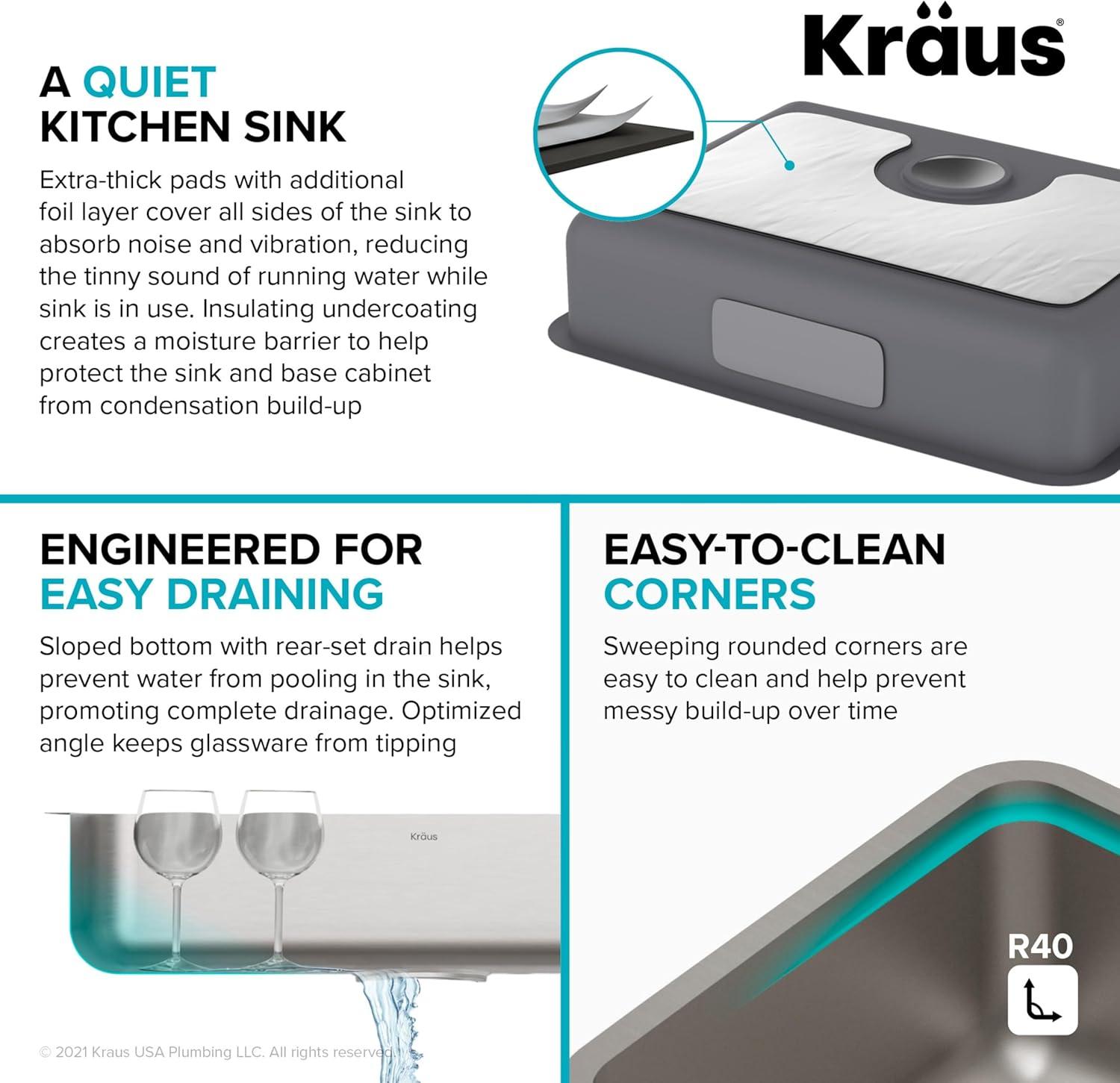 Kraus KA1AS25B Dex™️ Series KRAUS 25" L Undermount 16 Gauge Stainless Steel Single Bowl ADA Kitchen Sink