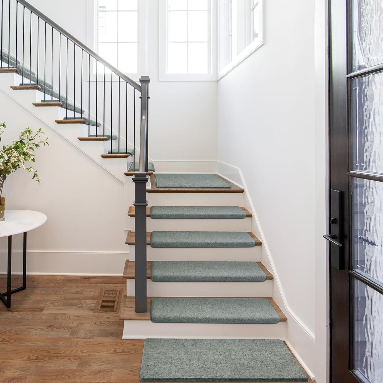 PURE ERA Bullnose Soft Plush Carpet Stair Treads Wooden Steps Rugs Self Adhesive Non-slip 9.5" x 30"x1.2" (Set of 7, Gray)