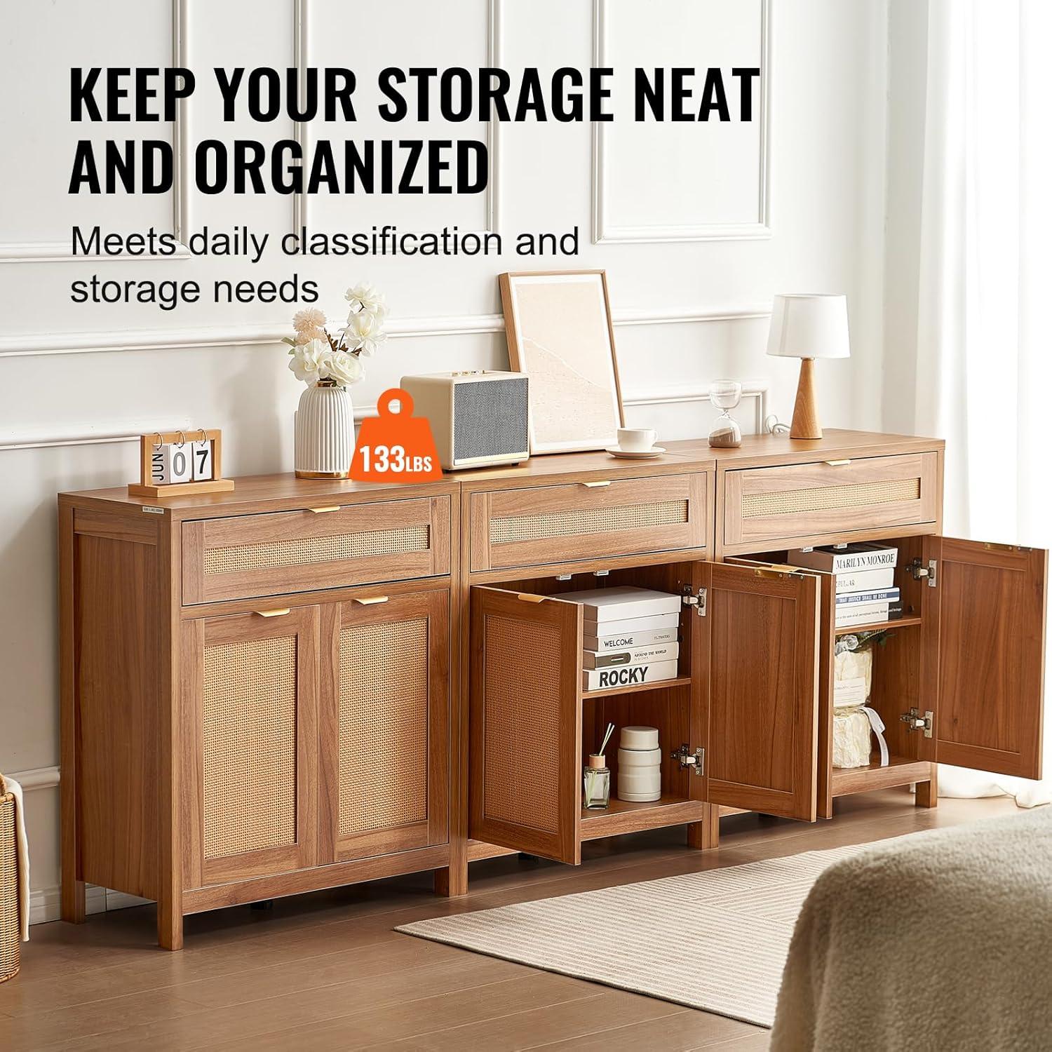 VEVOR Cabinet with 6 Doors 3 Drawers Adjustable Shelves Set of 3 Natural