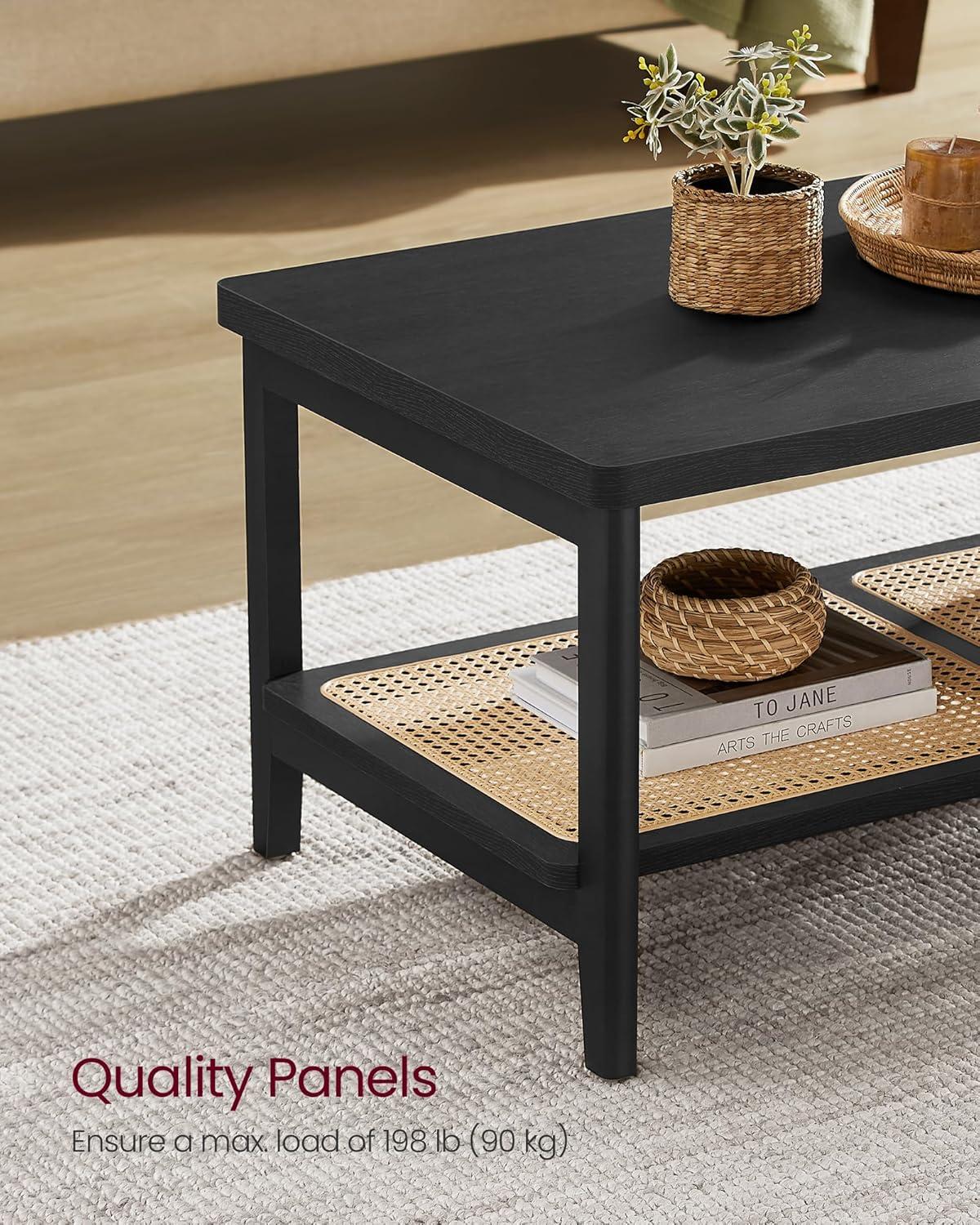 VASAGLE 2-Tier Coffee Table for Living Room, Living Room Table Rectangular Center Table, with PVC Rattan Storage Shelf, Rounded Corners, Easy Assembly, Boho Style, Ash Black ULCT240B21