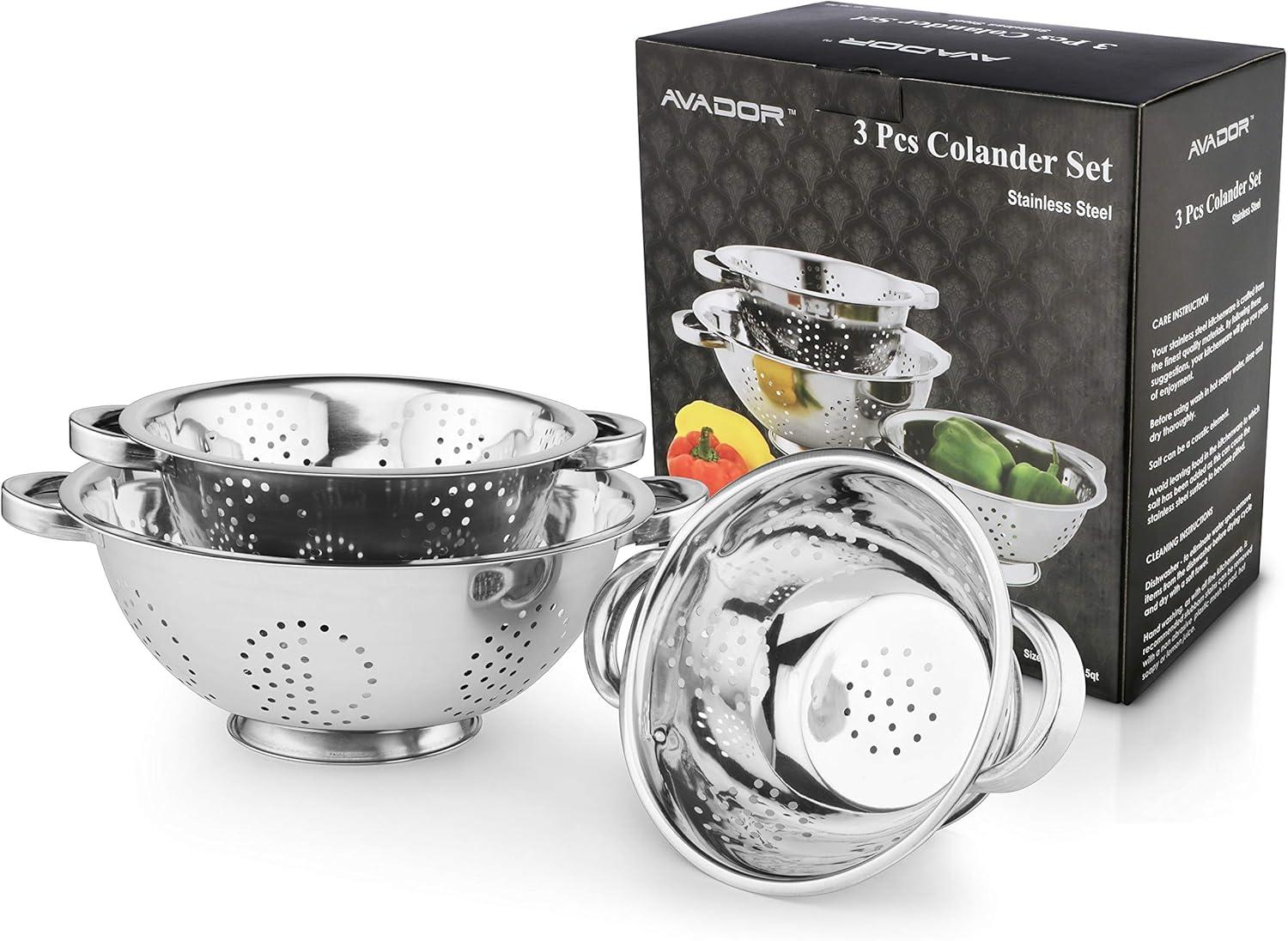 AVADOR Set of 3 Stainless Steel Colanders, Comes in 1. 3 and 5 Quart for all your Cooking | Baking | Prepping Needs