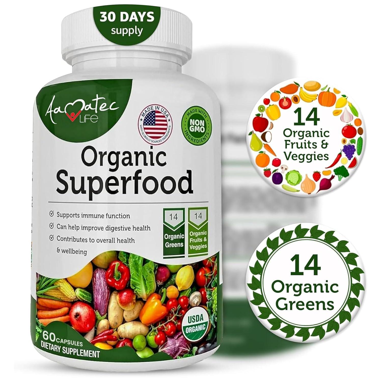 Organic Superfood Greens Fruits and Veggies Complex - Dietary Supplement with 14 Greens and 14 Fruits & Vegetables with Alfalfa Rich in Antioxidant Organic Ingredients Non-GMO 60 Capsules
