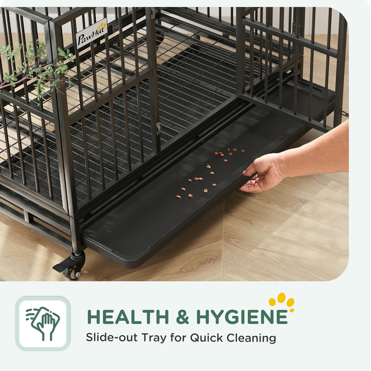 PawHut 48" Heavy Duty Dog Crate Metal Cage Kennel with Lockable Wheels, Double Door and Removable Tray, Gray