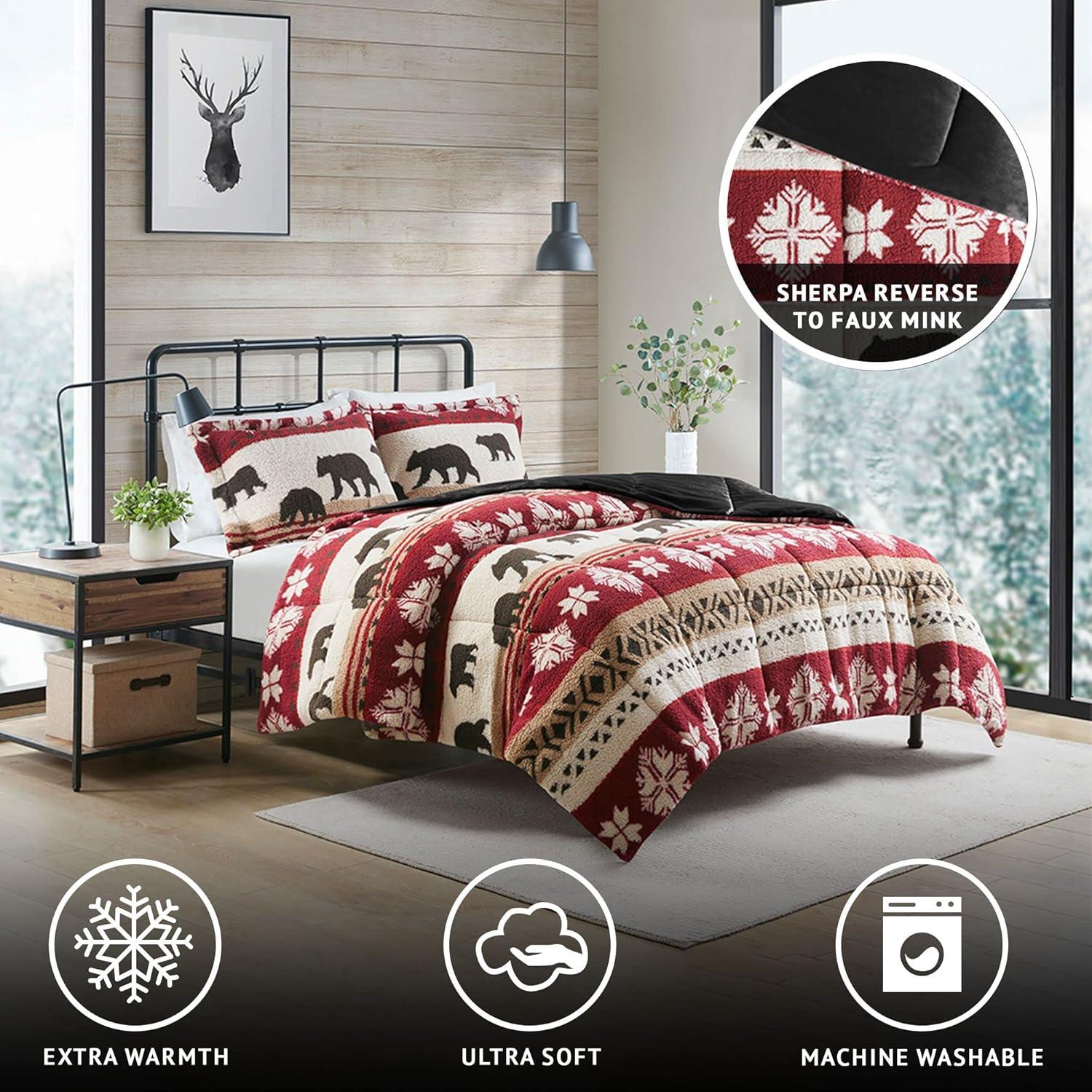 Woolrich Tunbridge Print Sherpa Comforter Set, Red/Black - King/Cal King