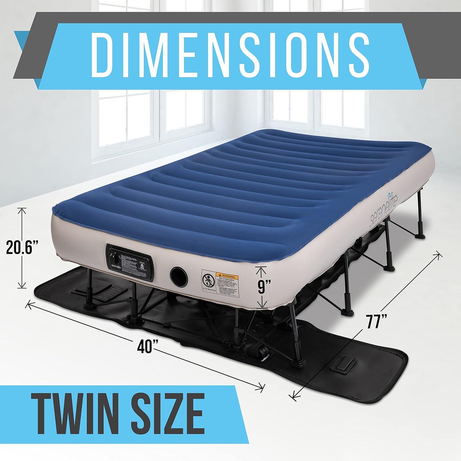 SereneLife Twin Blue PVC Raised Air Mattress with Pump and Frame