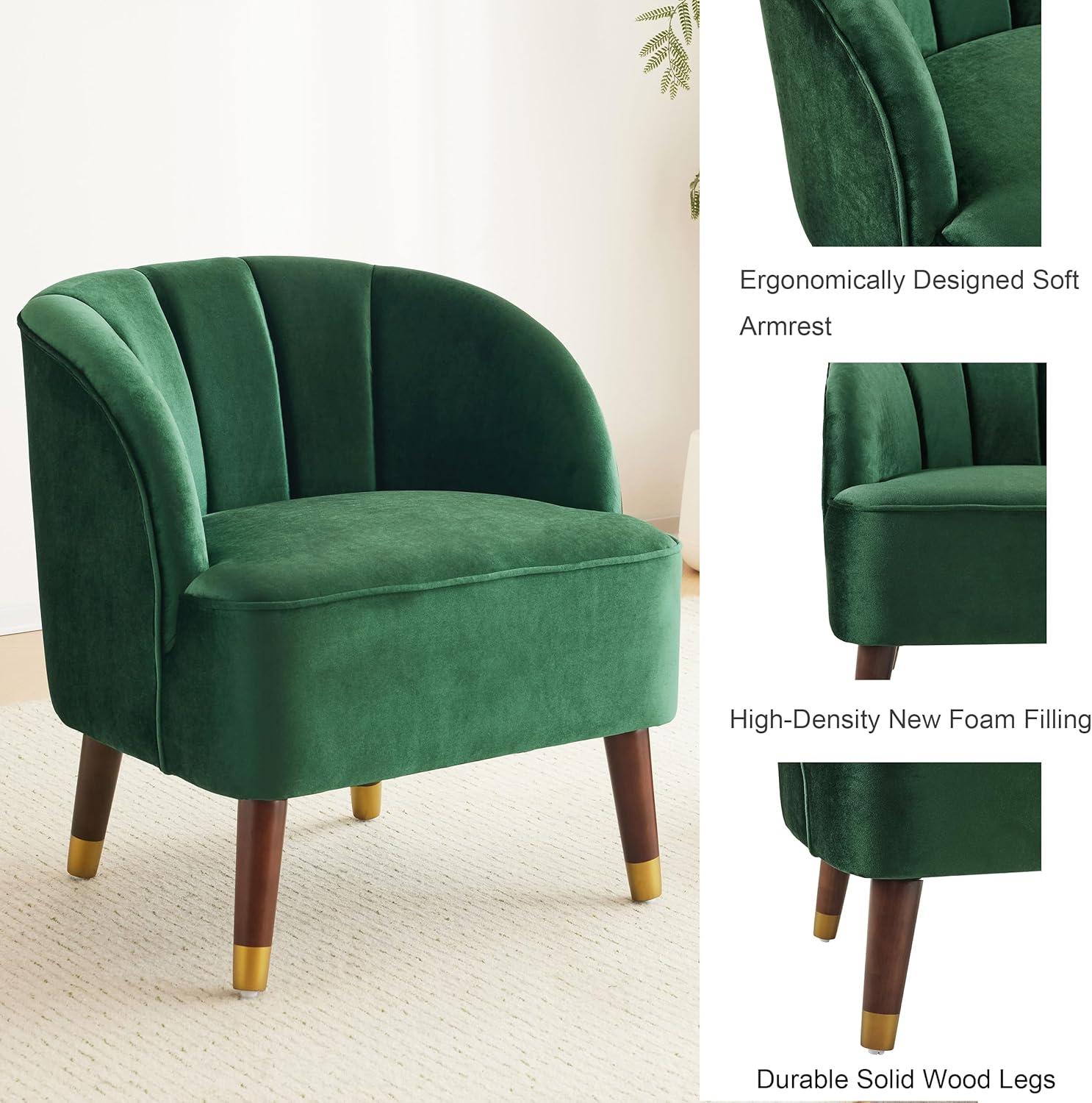 Emerald Green Velvet Barrel Accent Chair with Wood Legs