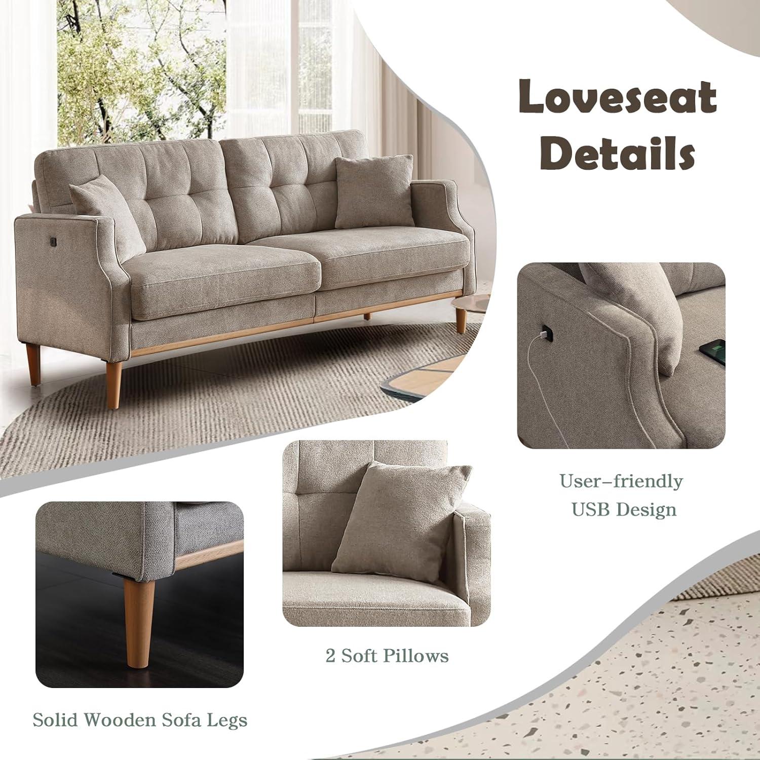 3 Seater Sofa with USB Charge Port and 2 Pillows, 70.1inch Waterproof Fabric Couch , Modern Sofa Lounge Couch for Compact Small Space, Living Room Apartment Office, Light Gray