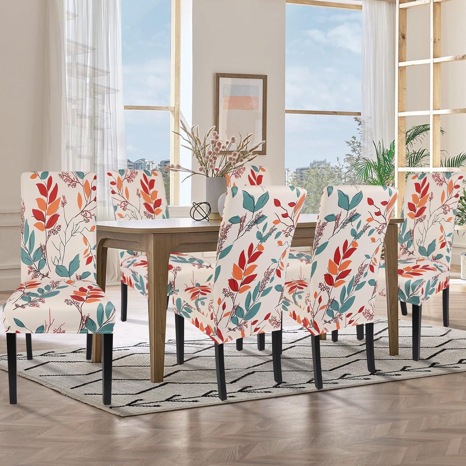 Beige Floral Stretch Dining Chair Covers Set of 4