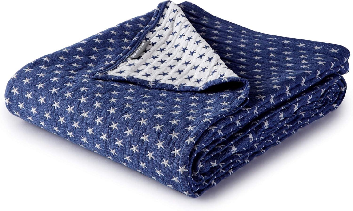 Sterling Creek Dawson Navy White Star Muslin Blanket Queen Three Layers Lightweight Breathable Cotton Gauzy Blanket Queen