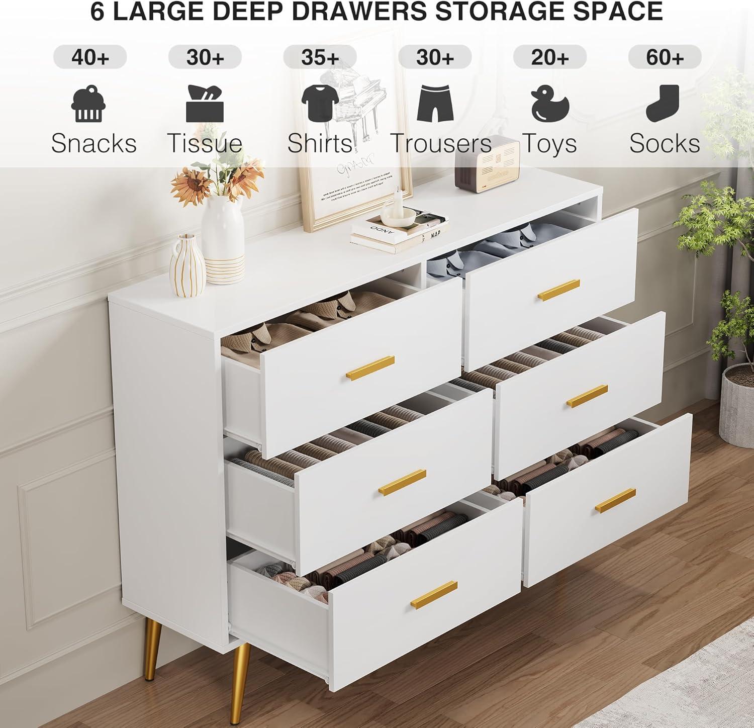 Danolapsi 6 Drawer Dresser,6-Drawer Chest of Drawers for Bedroom,Wooden Dresser with Gold Handles,Chest Dresser with Deep Drawers Modern Storage Drawers for Bedroom,Living Room and Entryway
