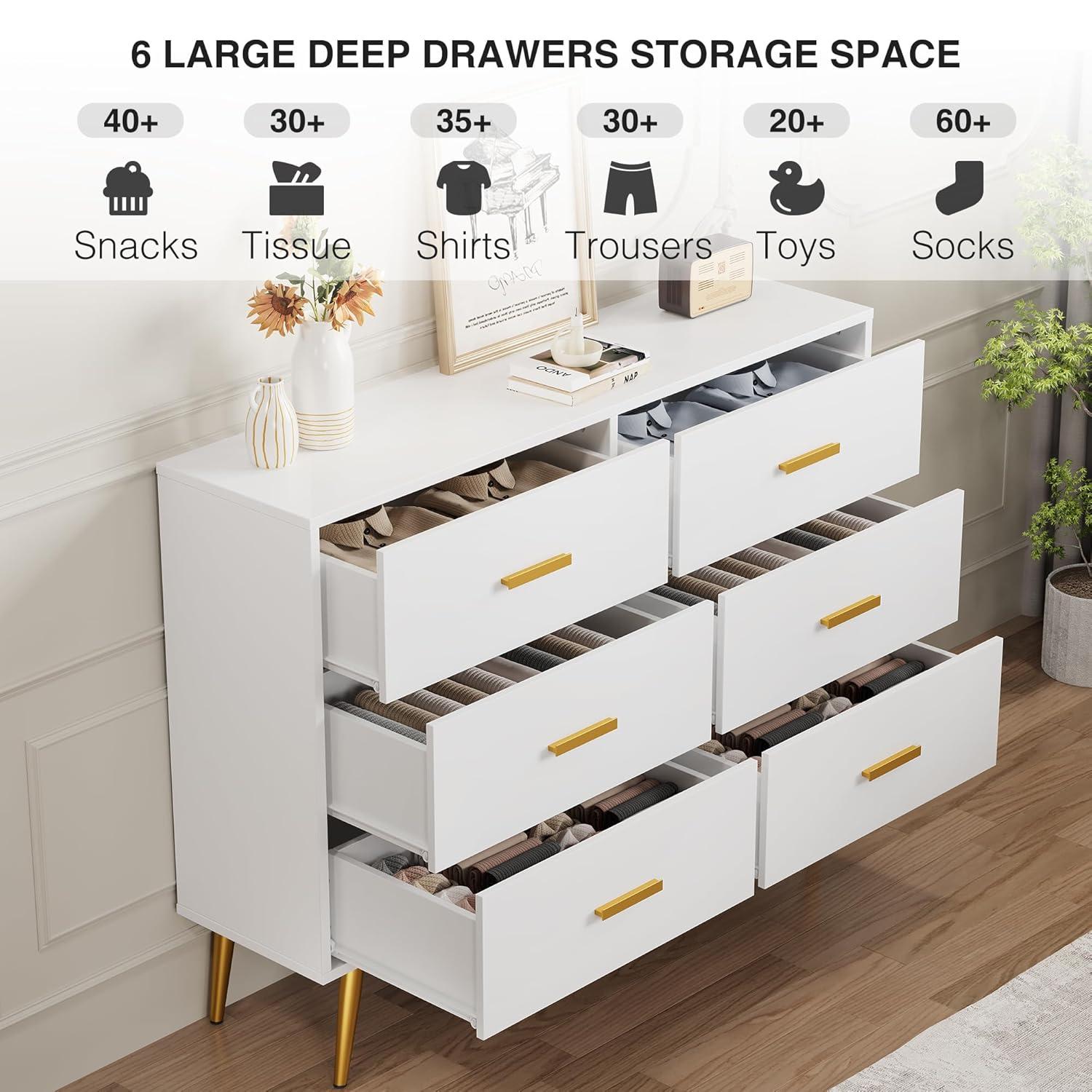 Danolapsi 6 Drawer Dresser,6-Drawer Chest of Drawers for Bedroom,Wooden Dresser with Gold Handles,Chest Dresser with Deep Drawers Modern Storage Drawers for Bedroom,Living Room and Entryway