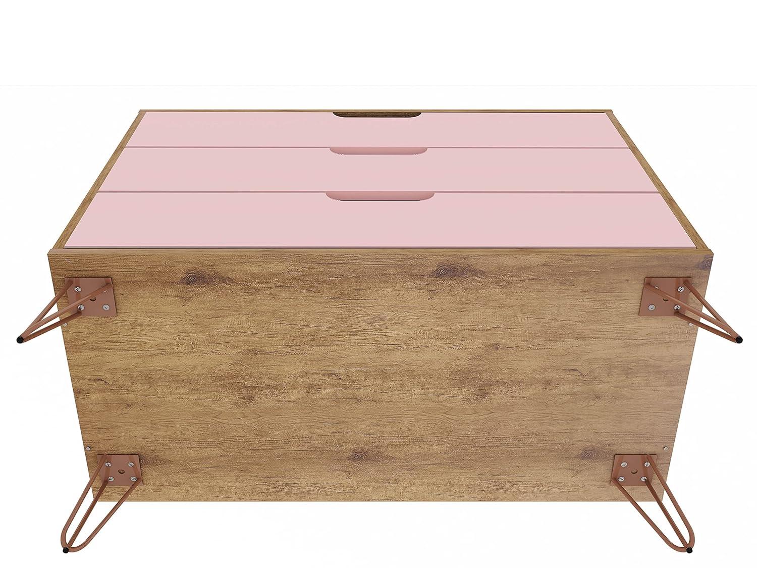 Set of 2 Rockefeller 3 Drawer Dresser Nature/Rose Pink - Manhattan Comfort: MDF Bedroom Storage, Easy-Glide, 6 Drawers