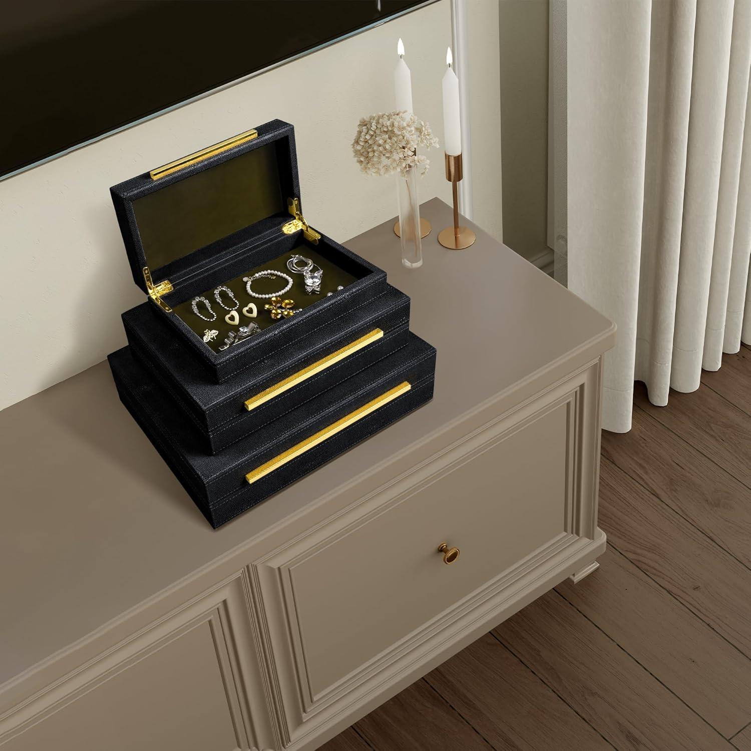Faux  Leather Decorative Jewelry Storage Nesting Organizer Boxes with Lids Gold Handle Set of 3, Black
