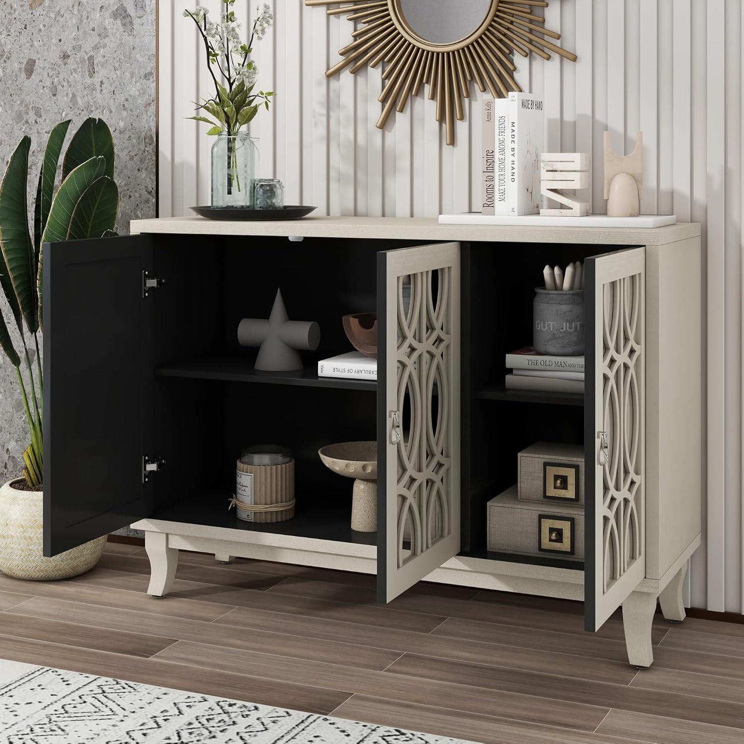 Champagne Gold Mirrored 3-Door Sideboard with Silver Handles