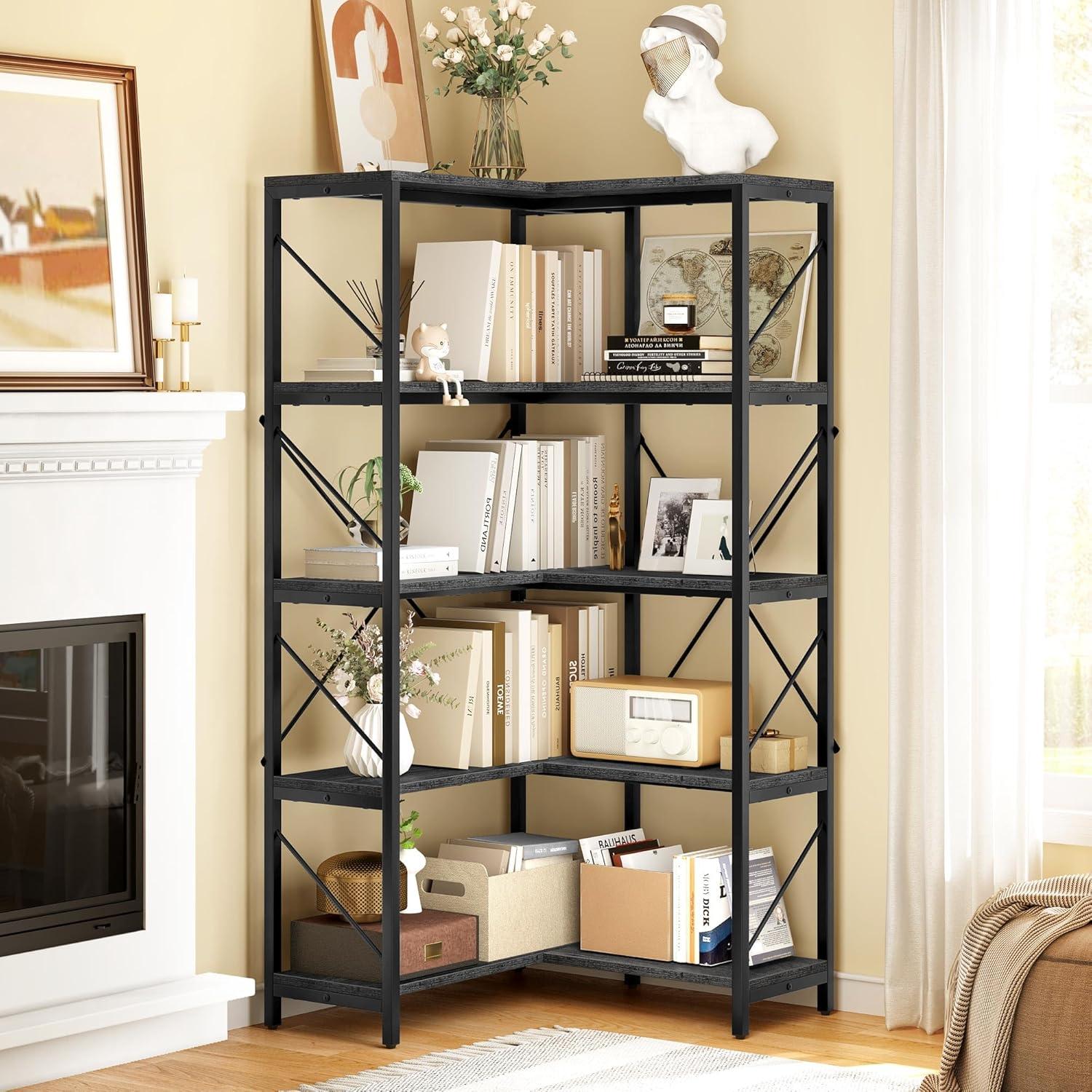 Gray and Black Adjustable 5-Tier Corner Bookshelf