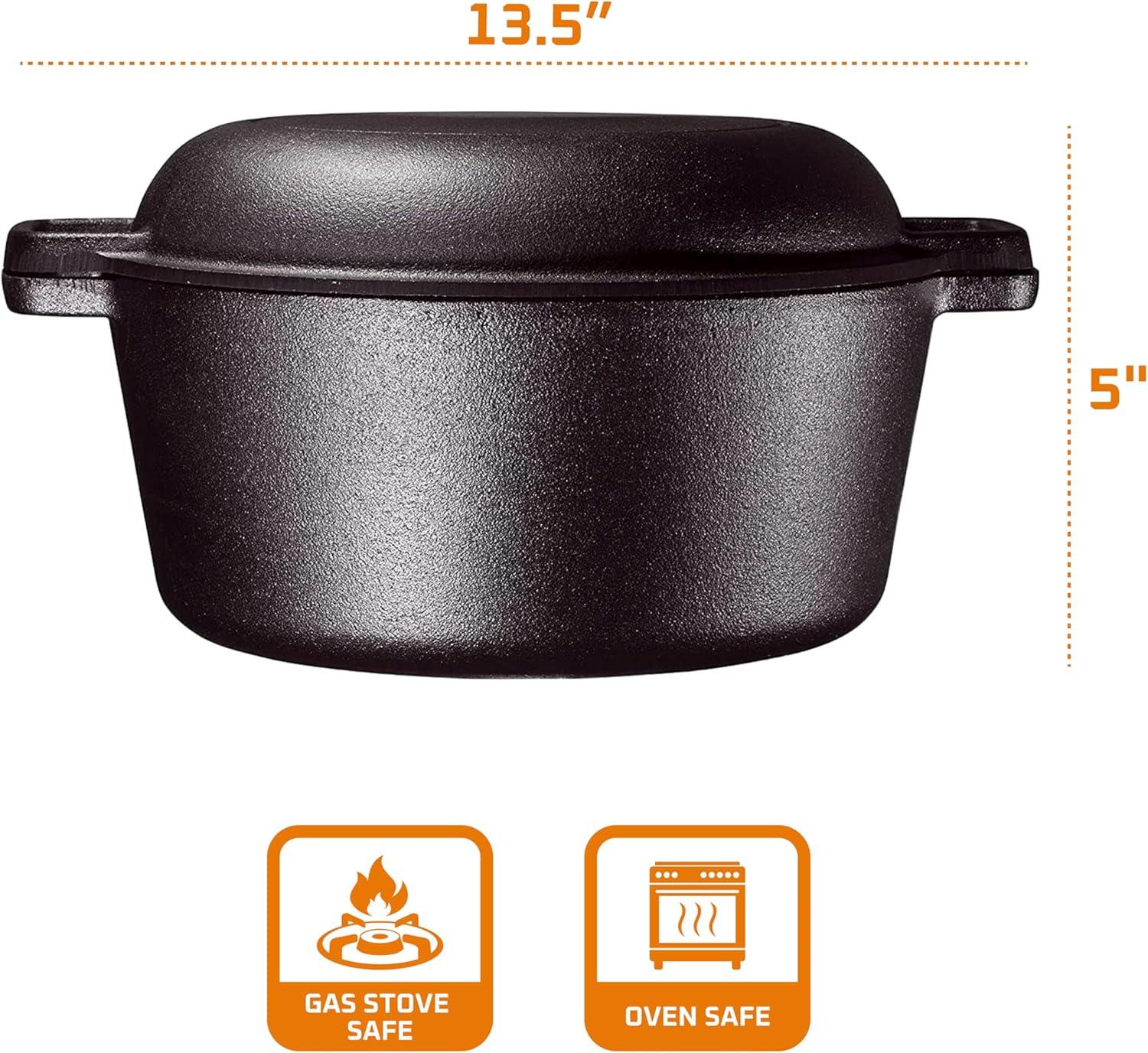 Bruntmor 2-in-1 Pre-Seasoned Cast Iron Dutch Oven with Handles - Crock Pot Black Cast Iron Pot with Skillet lid - All-in-One Cookware Braising Pan for Casserole Dish - 5 Quart - Black