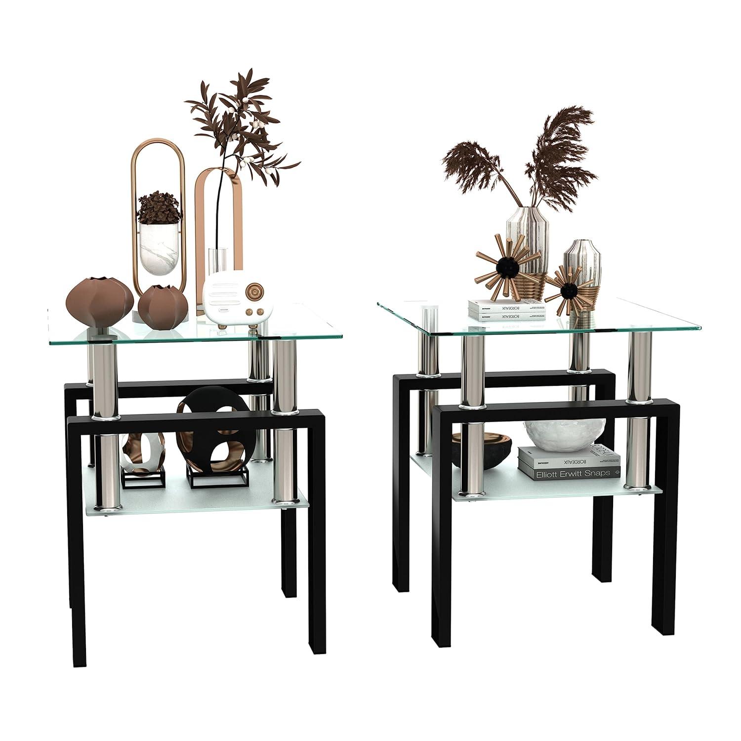 Glass Coffee Table Set of 3 Piece, Living Room Table Set of 3, Black Coffee Table and End Coffee Table Sets, Metal Frame (Black C, Set of 3)