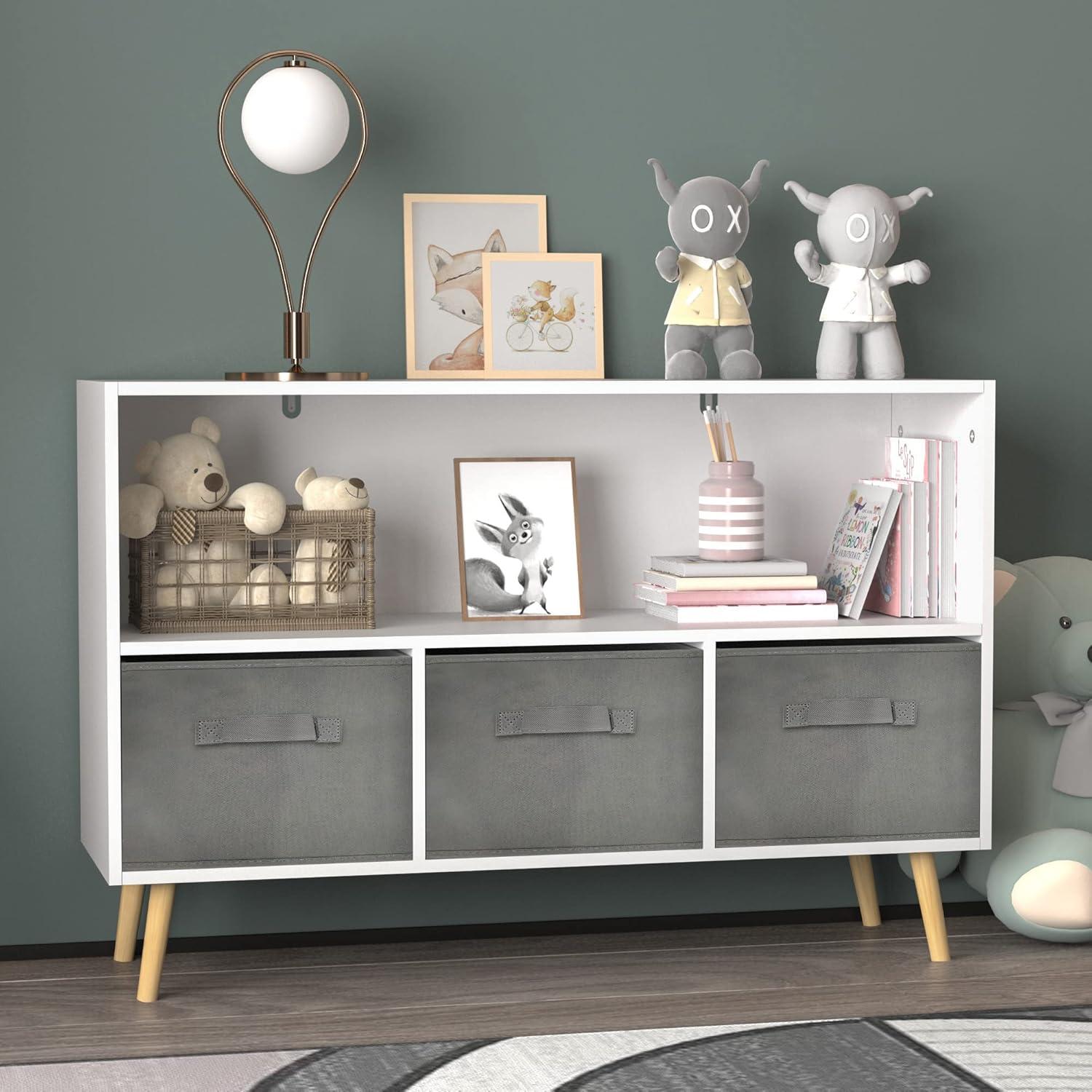 Gray and White Kids Bookcase with Collapsible Fabric Drawers