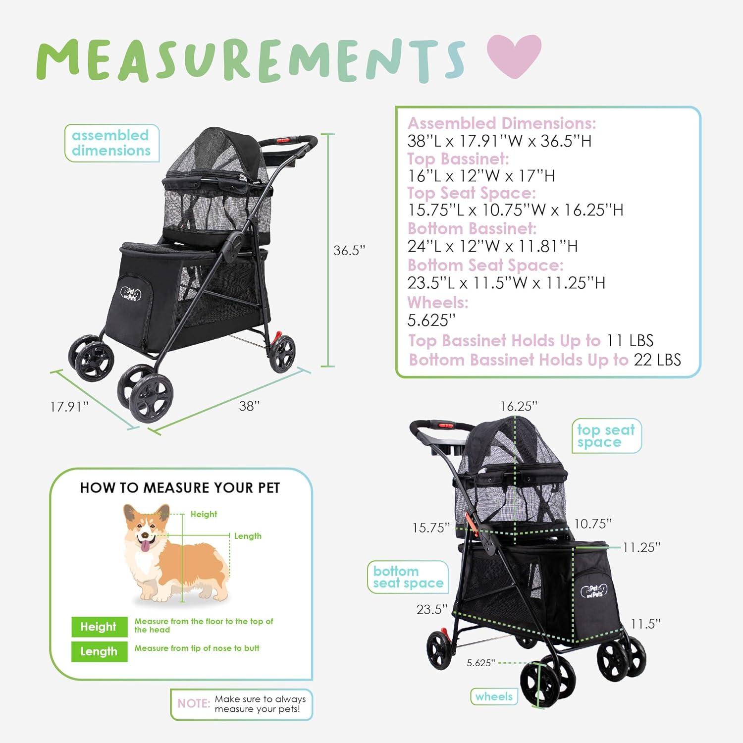 Black Double Decker Pet Stroller with Mesh Windows