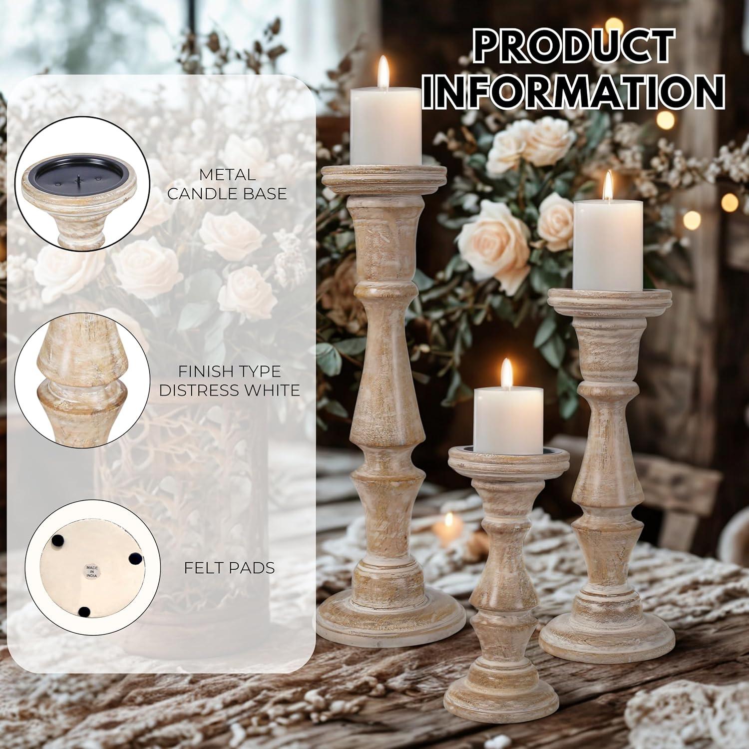 DecMode Traditional and Timeless Mango Wood Pillar Candle Holder Set of 3, 6", 8", 10"H, Cream Finish