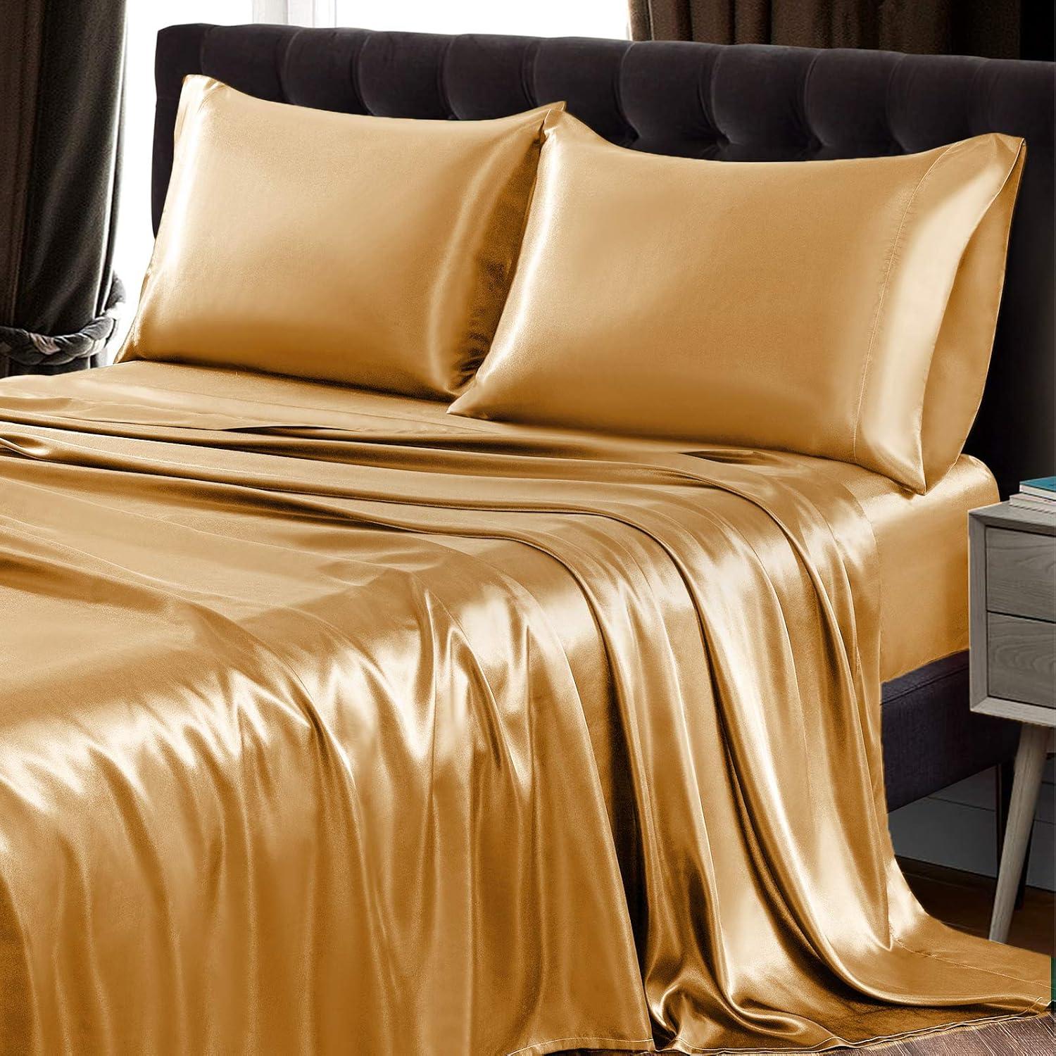 Soft Gold Satin Full Size 4-Piece Bed Sheet Set