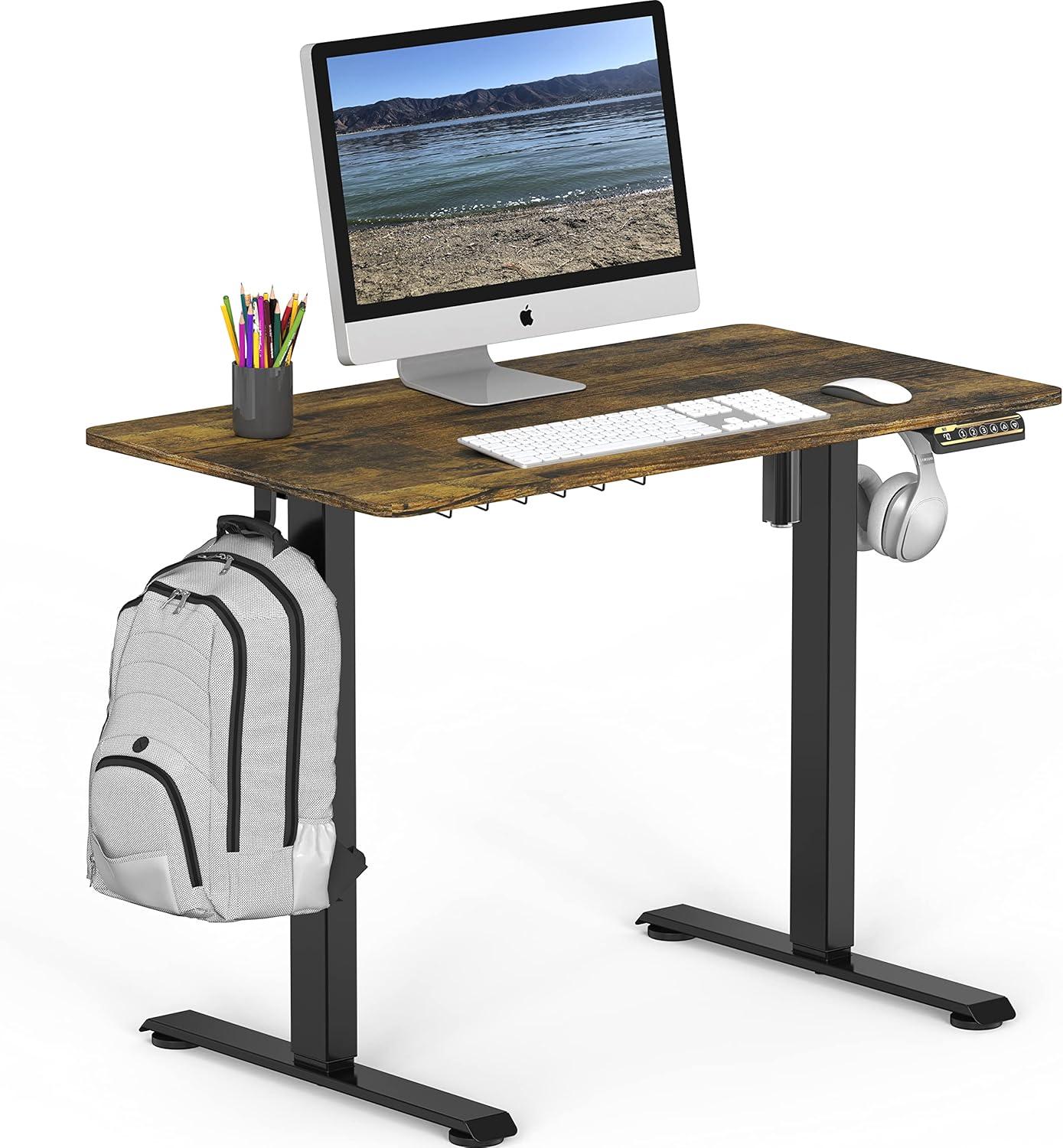 SHW 40 x 22 Inches Electric Height Adjustable Sit to Stand Desk with Hanging Hooks and Cable Management, Black Frame and Rustic Brown Top