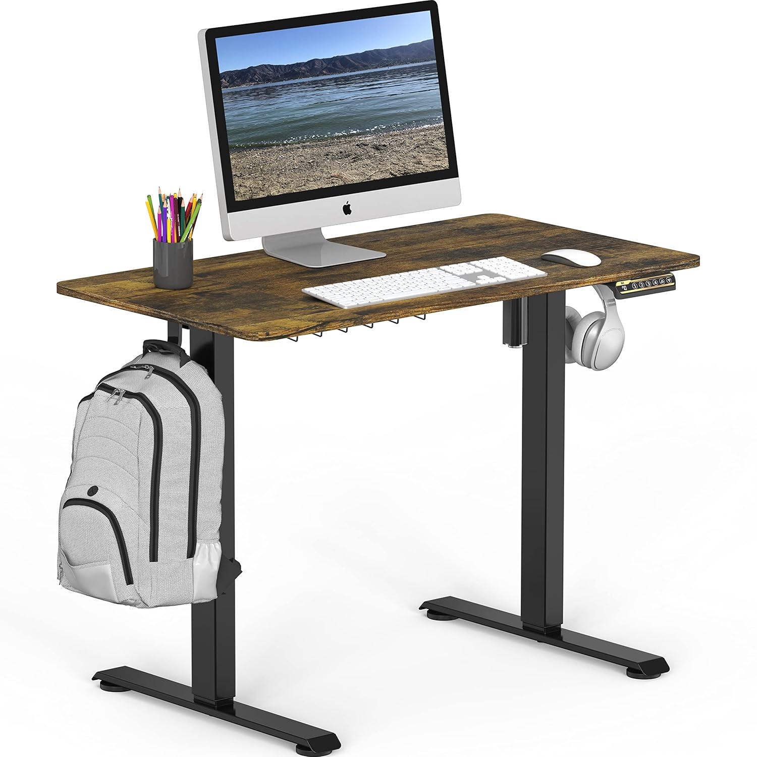 SHW 40 x 22 Inches Electric Height Adjustable Sit to Stand Desk with Hanging Hooks and Cable Management, Black Frame and Rustic Brown Top