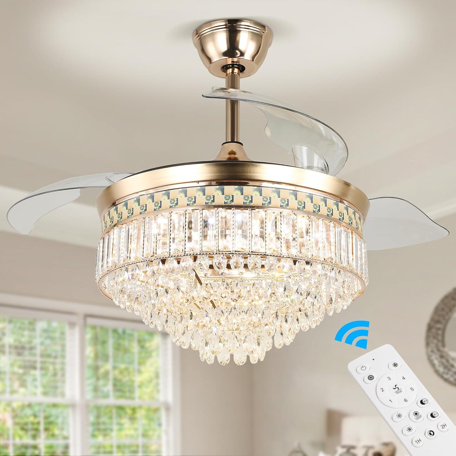 HOOMEDELIER 42" Chandelier Ceiling Fan with Remote, Crystal Beads Framed Fan with 4 Retractable Blades Smart Indoor Fandelier Fan