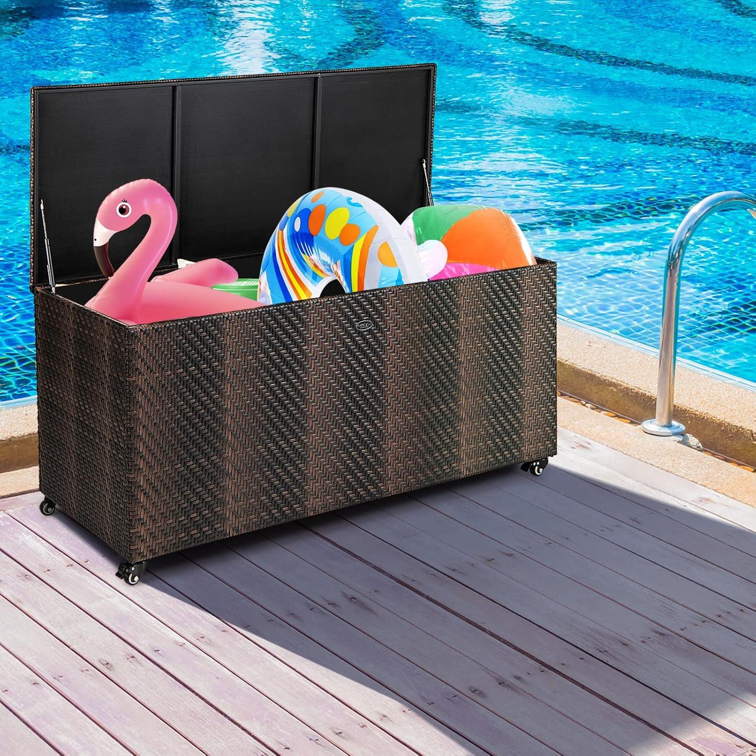 CasaCore 96 Gallon PE Wicker Outdoor Storage Box with 4 Wheels