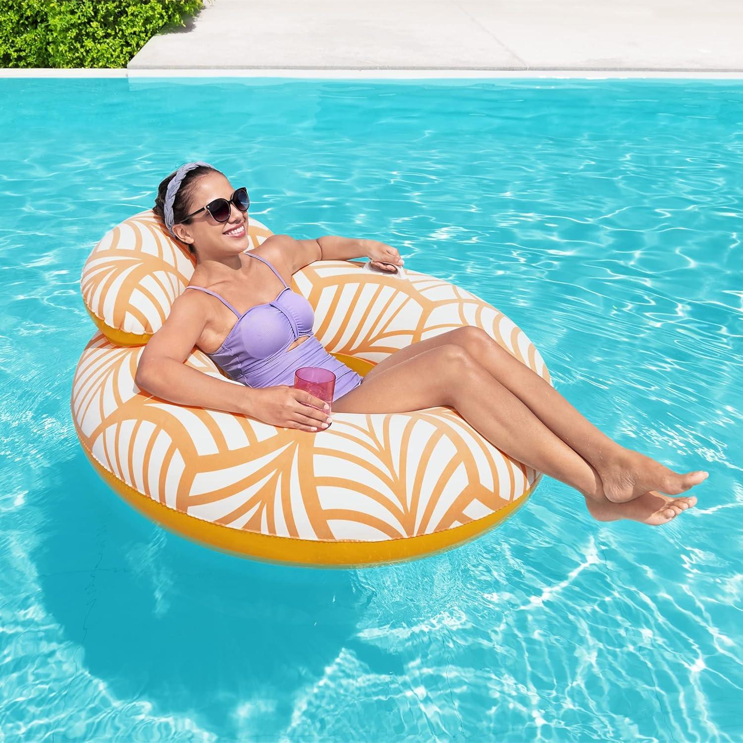 Bestway Bestway H2OGO! Comfort Plush Deluxe Swim Tube 46.5" x 46"  - Yellow & White, Inflatable Water Float, Built-In Cupholder