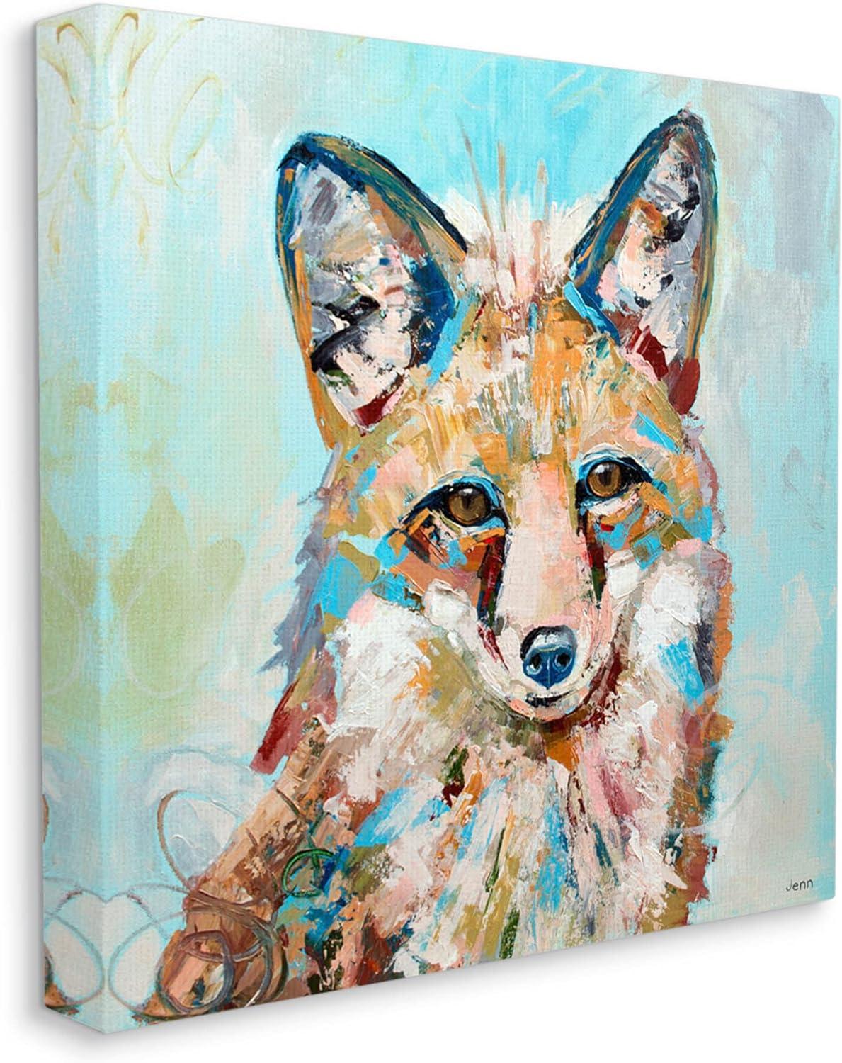 Modern Fox Blue Accent Animal Animals & Insects Painting Gallery Wrapped Canvas Print Wall Art