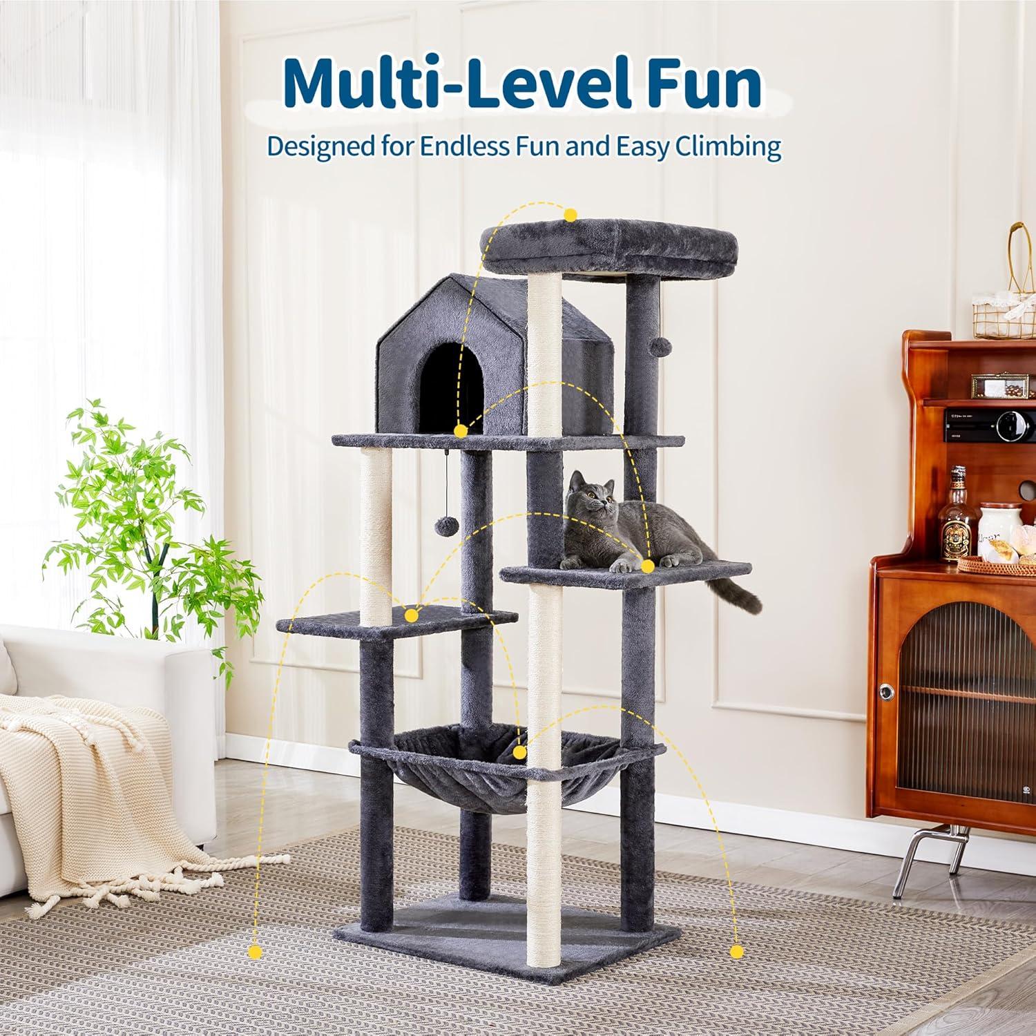 Gray 60 inch Multi-Level Cat Tree with Sisal Posts and Hammock
