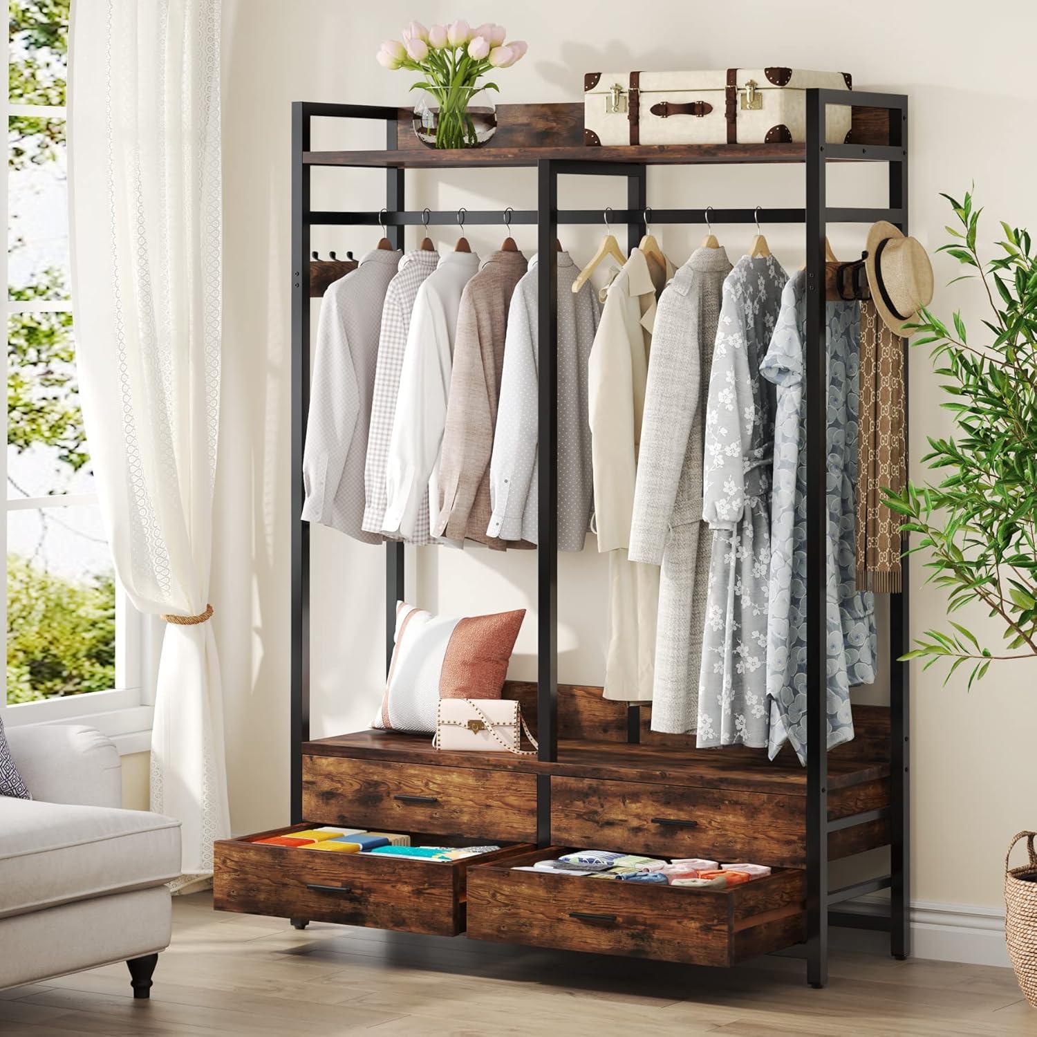 Rustic Brown Wood and Metal Closet Organizer with Drawers and Hooks