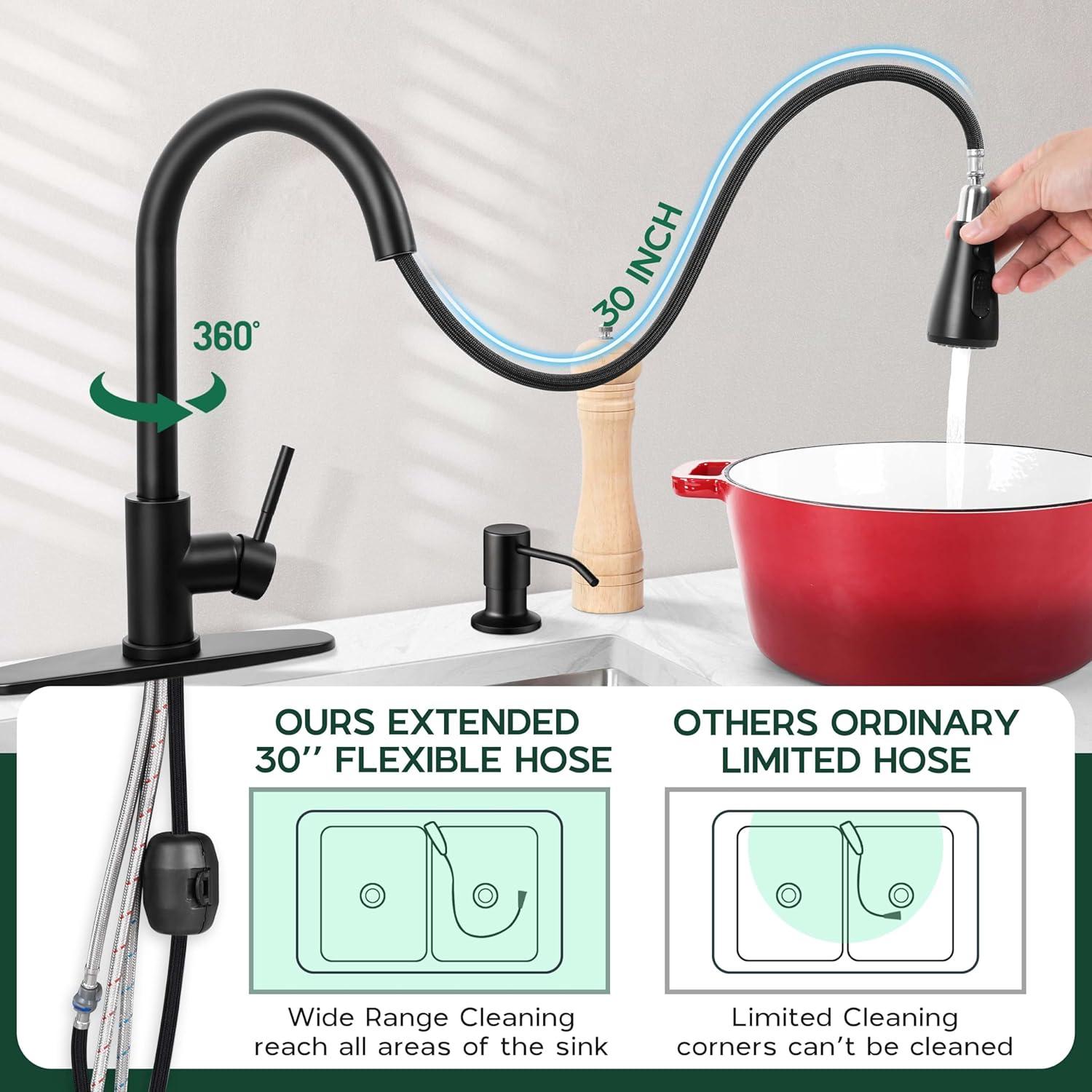Black Kitchen Faucet with Soap Dispenser Stainless Steel Single Handle Kitchen Sink Faucet with Pull Down Sprayer for Single Hole or 3 Holes
