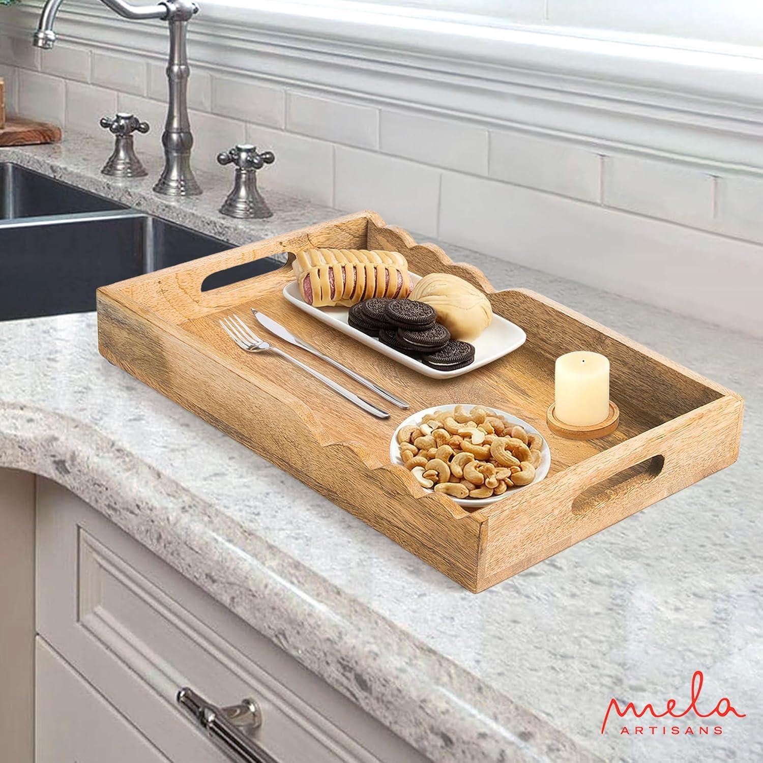 Mela Artisans Serving Tray with Elegant Scalloped Edges, Natural | 15" x 10" x 1.75" | Handcrafted Mango Wood Tray, Perfect for Breakfast, Tea/Coffee Serving, Home Décor, or Organizing