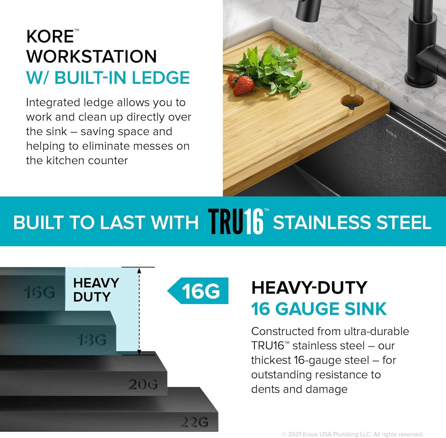 KRAUS Kore™ 27" L Undermount Workstation 16 Gauge Black Stainless Steel Single Bowl Kitchen Sink in PVD Gunmetal Finish