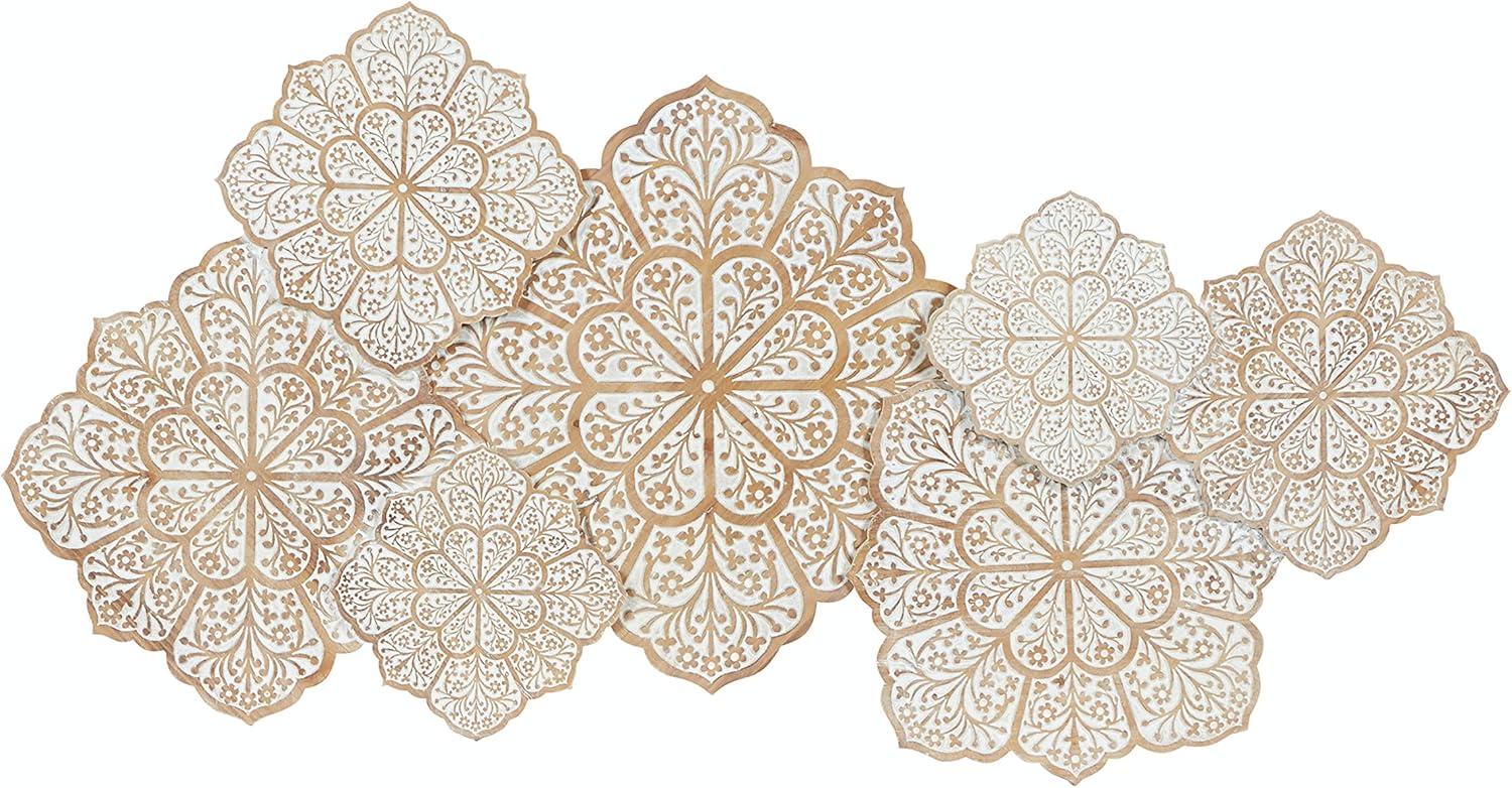 DecMode White Wood Intricately Carved Floral Wall Decor