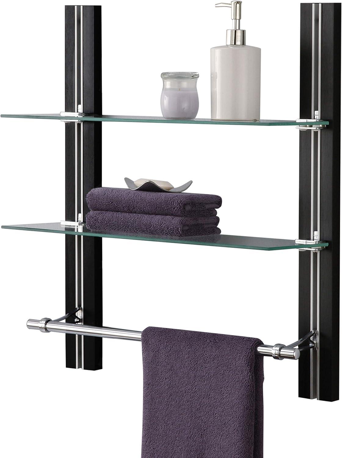 Organize It All Two Tier Deluxe Wood Glass Shelf with Towel Bar Brown : Microfiber, Machine Washable, Non-Slip Backing