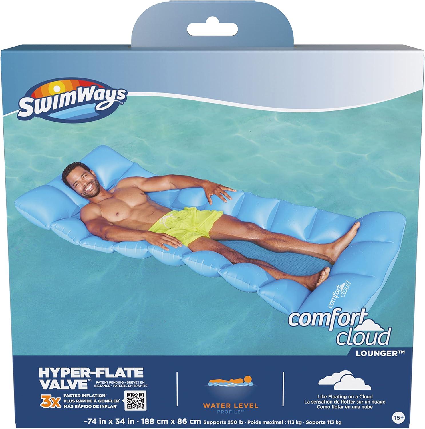 Blue Inflatable Pool Lounger with Headrest and Mesh Bed