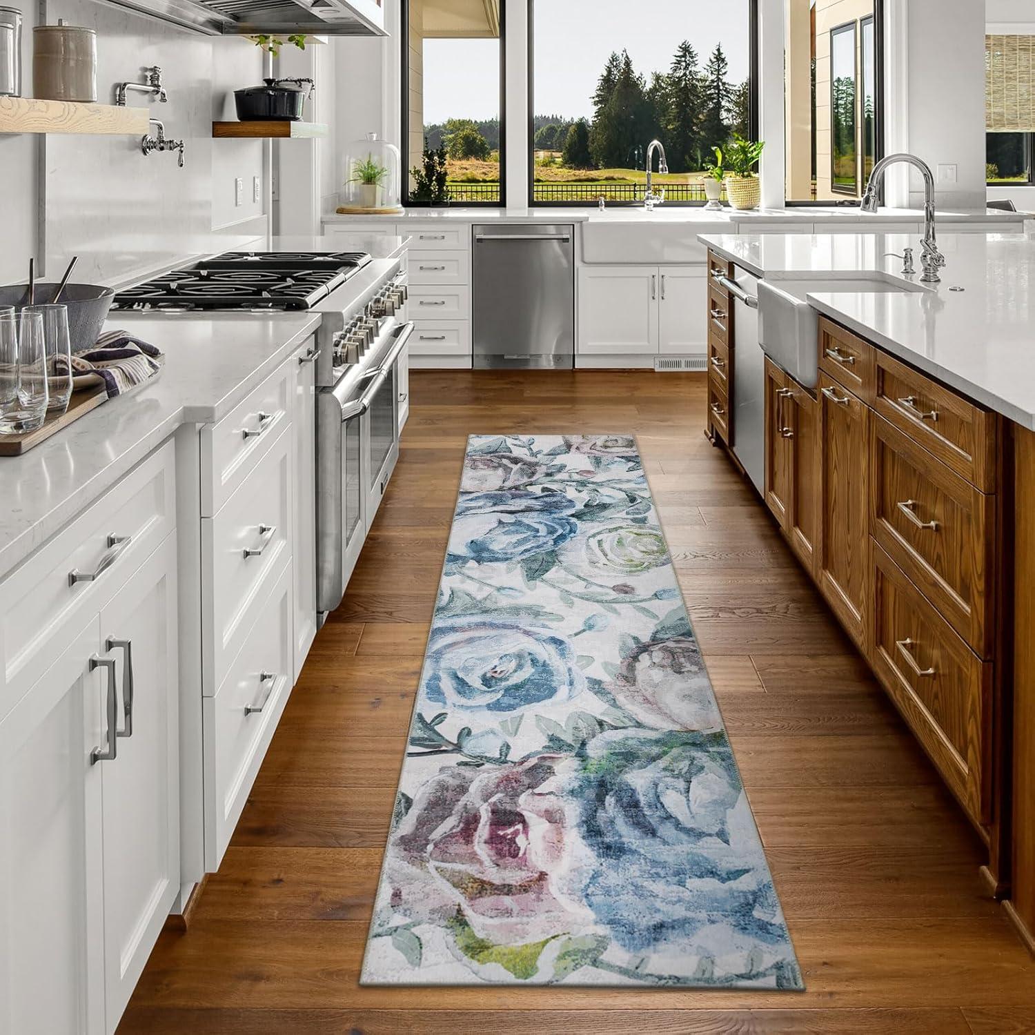 Jasmine Modern Flower Design Machine Washable and Foldable Soft Area Rug Blue/Ivory Multi