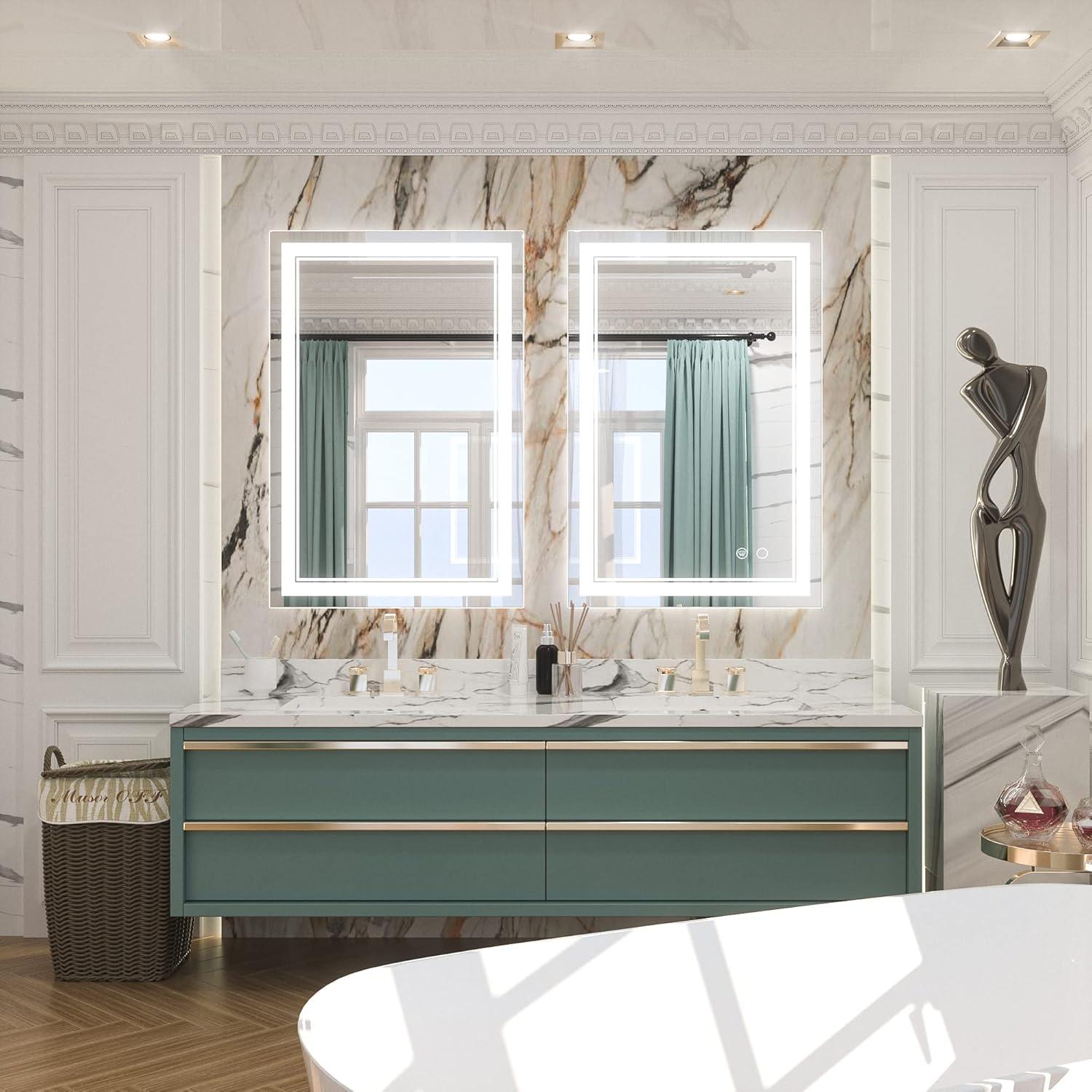 Keonjinn LED Bathroom Vanity Mirror, Front Light & Backlit, 3 Color Temperatures, Anti Fog, Double Lights Strips, 24"x32"