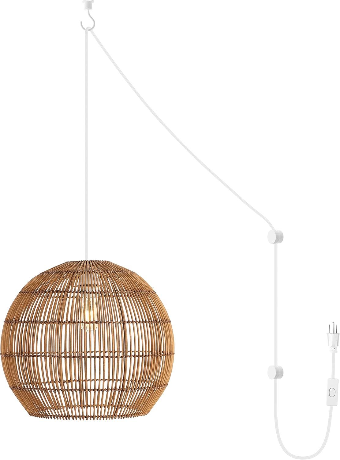 Raya 19" 1-Light Farmhouse Coastal Rattan 180" Cord Plug-In or Hardwired LED Pendant, Brown