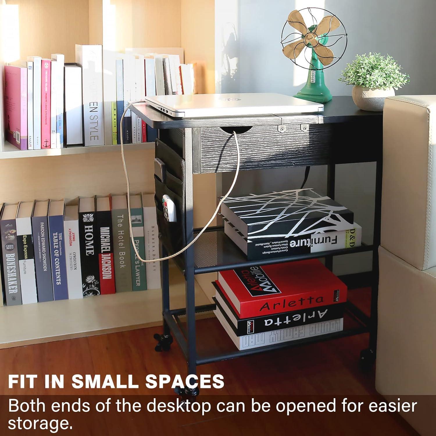 Black Slim Rolling Side Table with Charging Station and Shelves