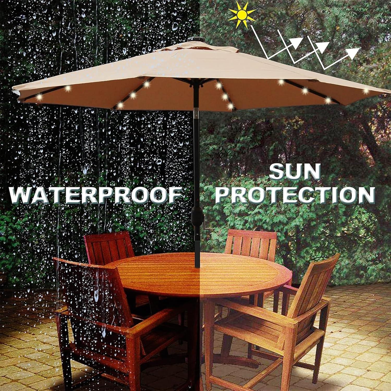 Tan 9 ft Round LED Lighted Market Umbrella with Black Aluminum Pole