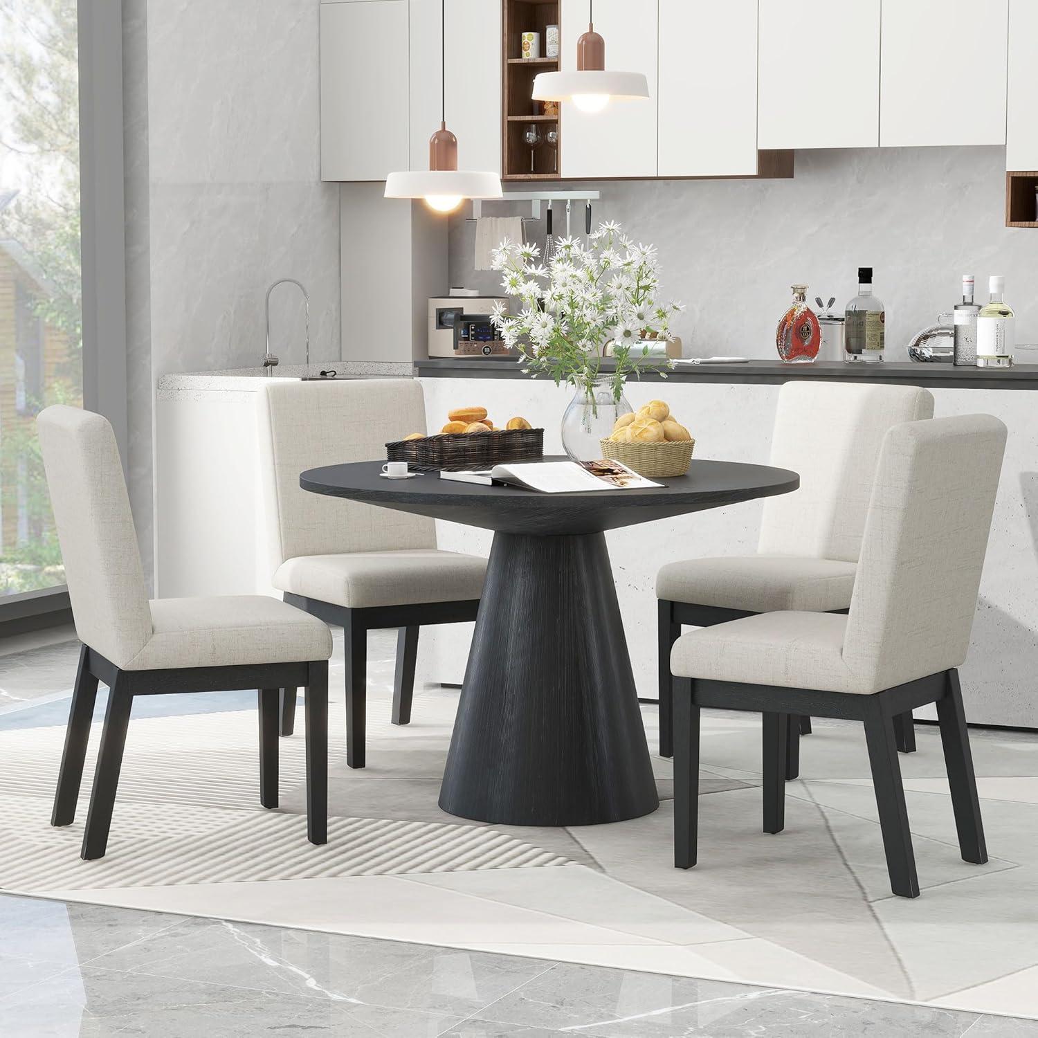 46.5"" Modern Round Dining Table for 4-6,Wooden Round Kitchen Table with MDF Table Top & Pedestal Base,Mid Century Modern Round Dining Table for Dining Room Kitchen,Living Room, Black