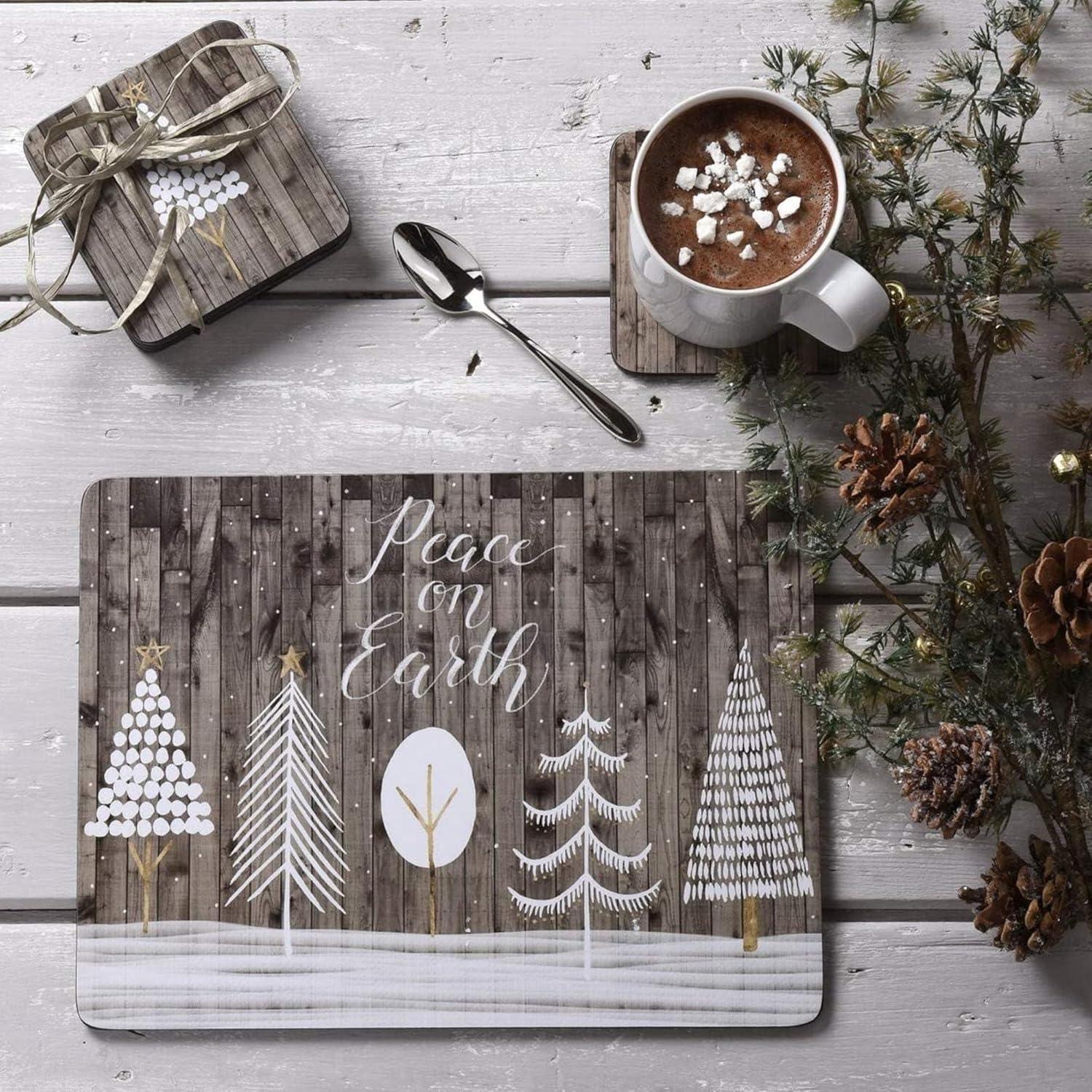 Pimpernel Wooden White Christmas Placemats (Set of 4), Cork-Backed, Heat-Resistant Table Mats, (15.7" x 11.7"), Festive Snowy Tree Design