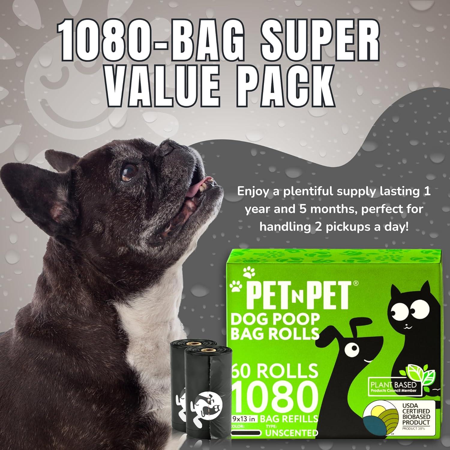 Pet N Pet 1080 Counts Black Poop Bags for Dogs, 38% Plant Based & 62% PE Extra Thick Dog Poop Bags Rolls, 9" x 13", Unscented Pet Waste Bag