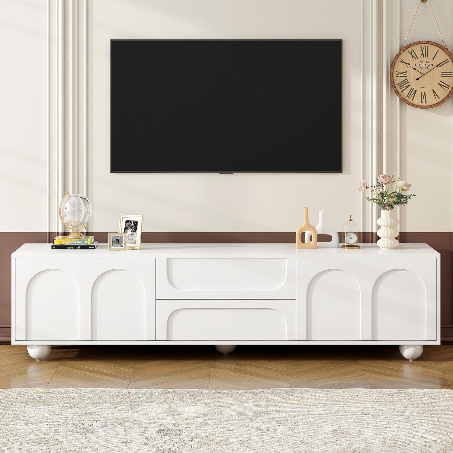 EUROCO 69.6" Modern TV Stand,Modern Entertainment Center with 2 Drawers,2 Storage Cabinets,5 Iron Round Legs and Rebound Device,Media Console Table for TVs Up to 75",White